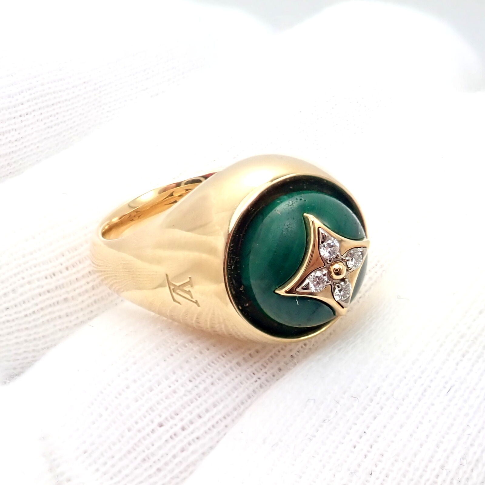 Authentic Louis Vuitton LV 18k Yellow Gold Diamond Malachite Blossom Signet Ring for Women - Luxury Fashion Jewelry Gift for Anniversary, Valentine's Day & Special Occasions