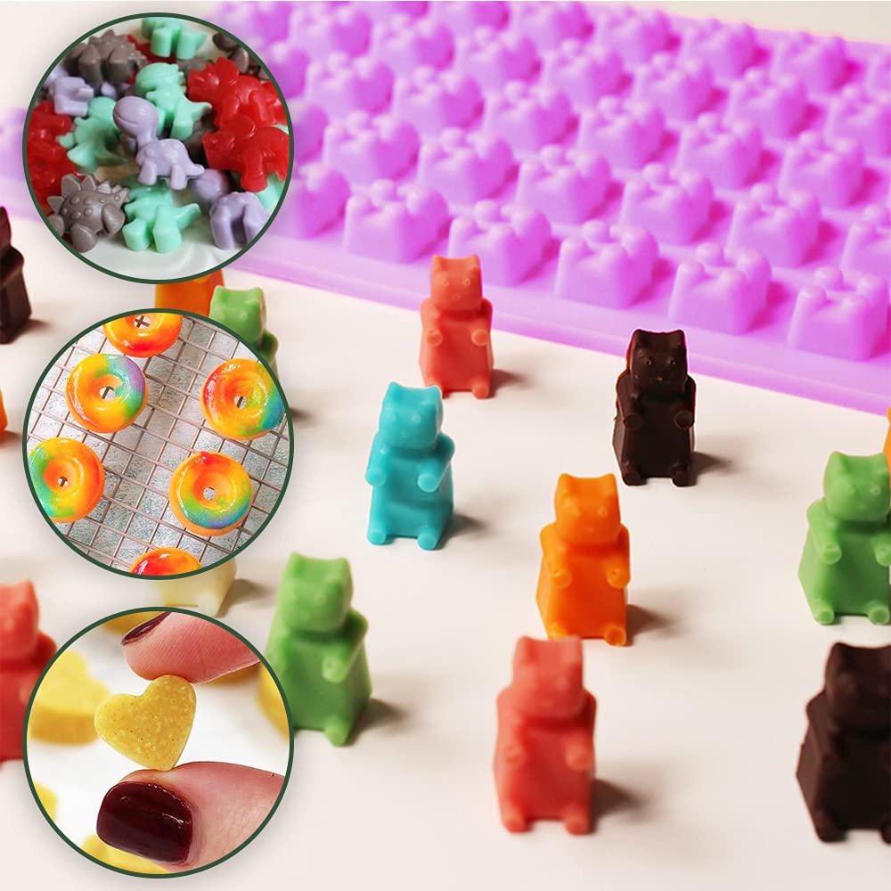 Premium Silicone Gummy Molds Set of 4 - Dinosaur, Bear, Donut & Heart Candy Molds with 2 Droppers for Easy Filling - Perfect for Homemade Chocolates, Gummy Bears, Candies & Party Treats - BPA-Free Baking Supplies for Kids & Adults