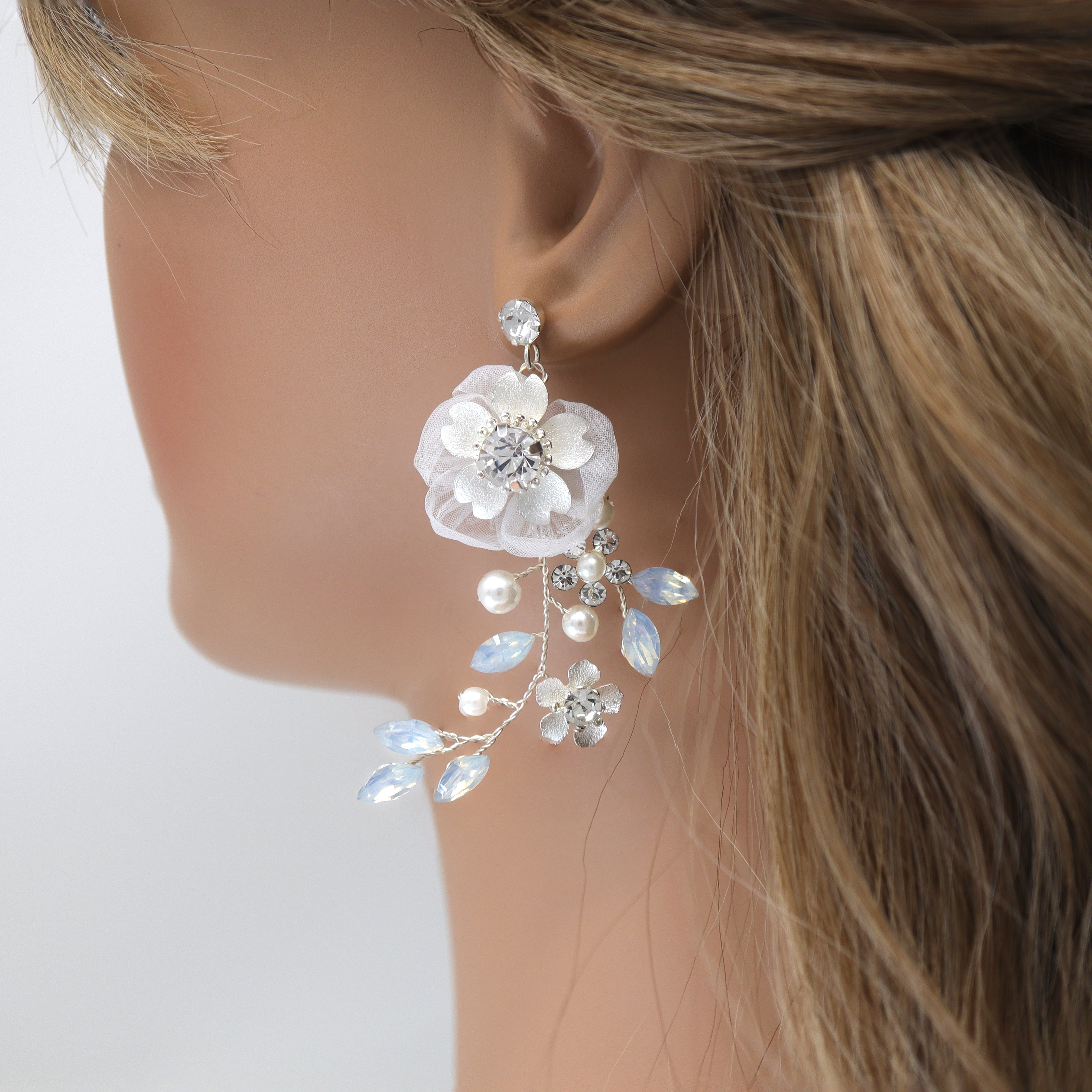 Swarovski Opal Flower Petals Crystal Rhinestone Earrings - Long Bridal Jewelry for Weddings, Parties & Special Occasions | Statement Earrings with CZ Stones