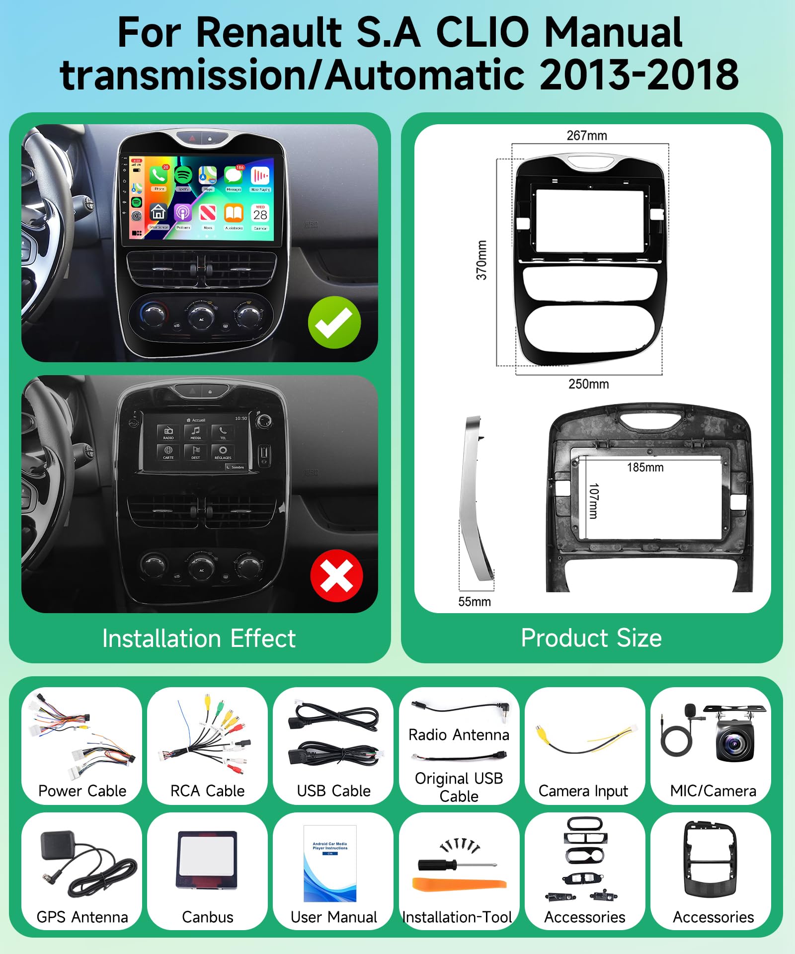 10.1 Inch Android Car Stereo for Renault CLIO 2013-2018 | Wireless CarPlay & Android Auto | GPS Navigation | Bluetooth | WiFi | HD Touchscreen | Backup Camera | Perfect for Road Trips & Daily Commuting