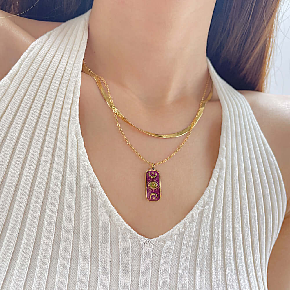 Moon Star Herringbone Pendant Chain Necklace - 18K Gold Plated Stainless Steel Jewelry for Women | GX2279 | Perfect for Date Night, Wedding & Everyday Elegance