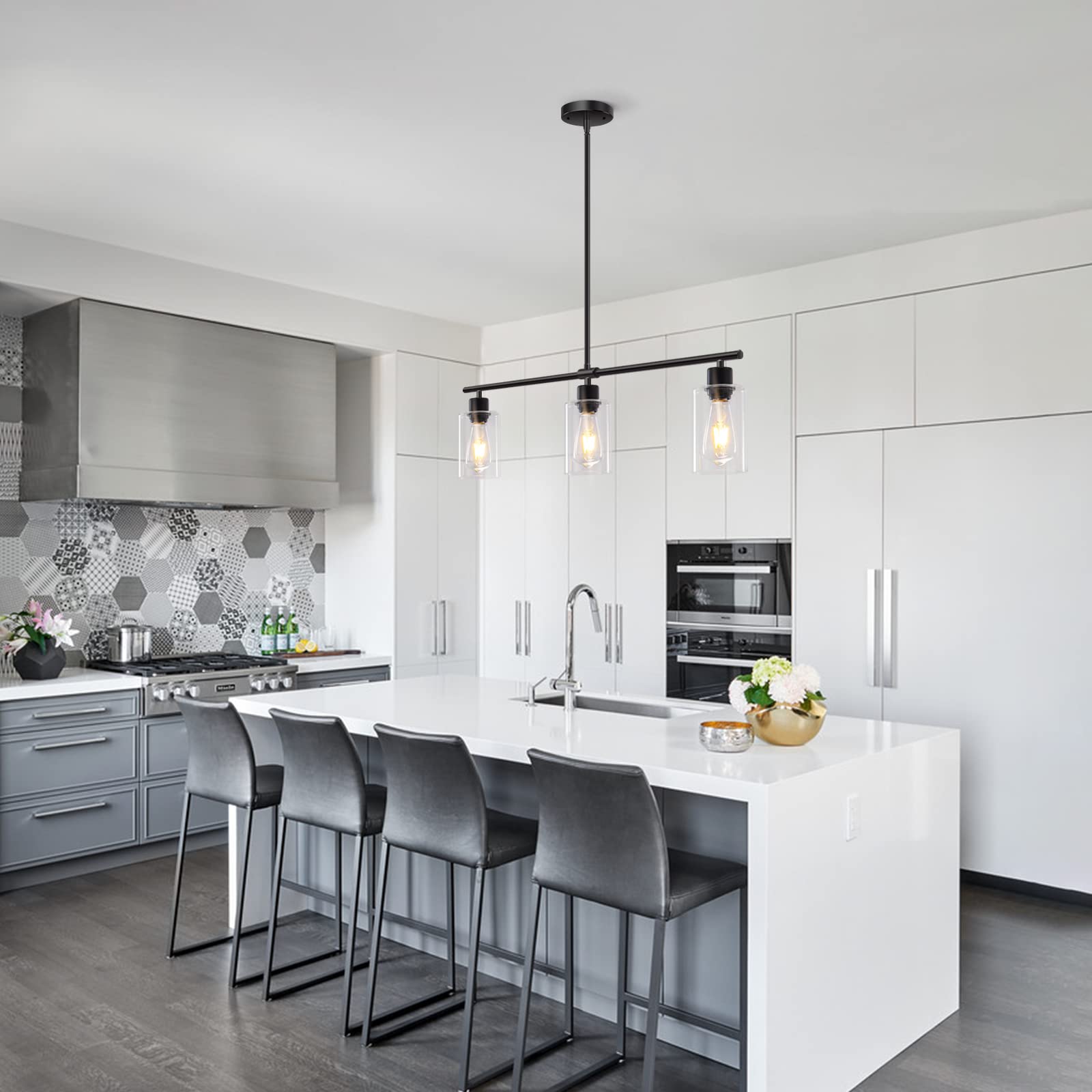 Modern Black 3-Light Linear Chandelier - Rectangle Pendant Lighting Fixture with Glass Shades for Kitchen Island, Dining Room & Farmhouse Decor | Perfect for Breakfast Nooks, Open Concept Kitchens and Rustic Dining Areas