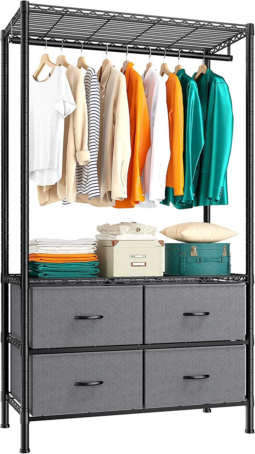 Raybee Heavy Duty Clothes Rack with 4 Drawers & Shelves - Sturdy Portable Closet Organizer for Hanging Clothes - Durable Black Garment Rack for Bedroom, Closet, Laundry Room or Dorm Organization