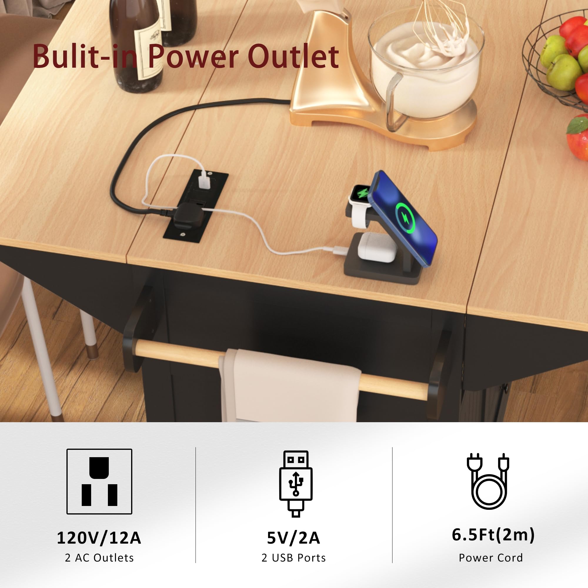 Modern Large Kitchen Island with 2 Drop Leaf, 5-Wheel Rolling Cart with Power Outlet, Folding Storage Dining Table for Kitchen & Dining Room - Black (Space-Saving Design for Small Kitchens, Perfect for Entertaining & Meal Prep)