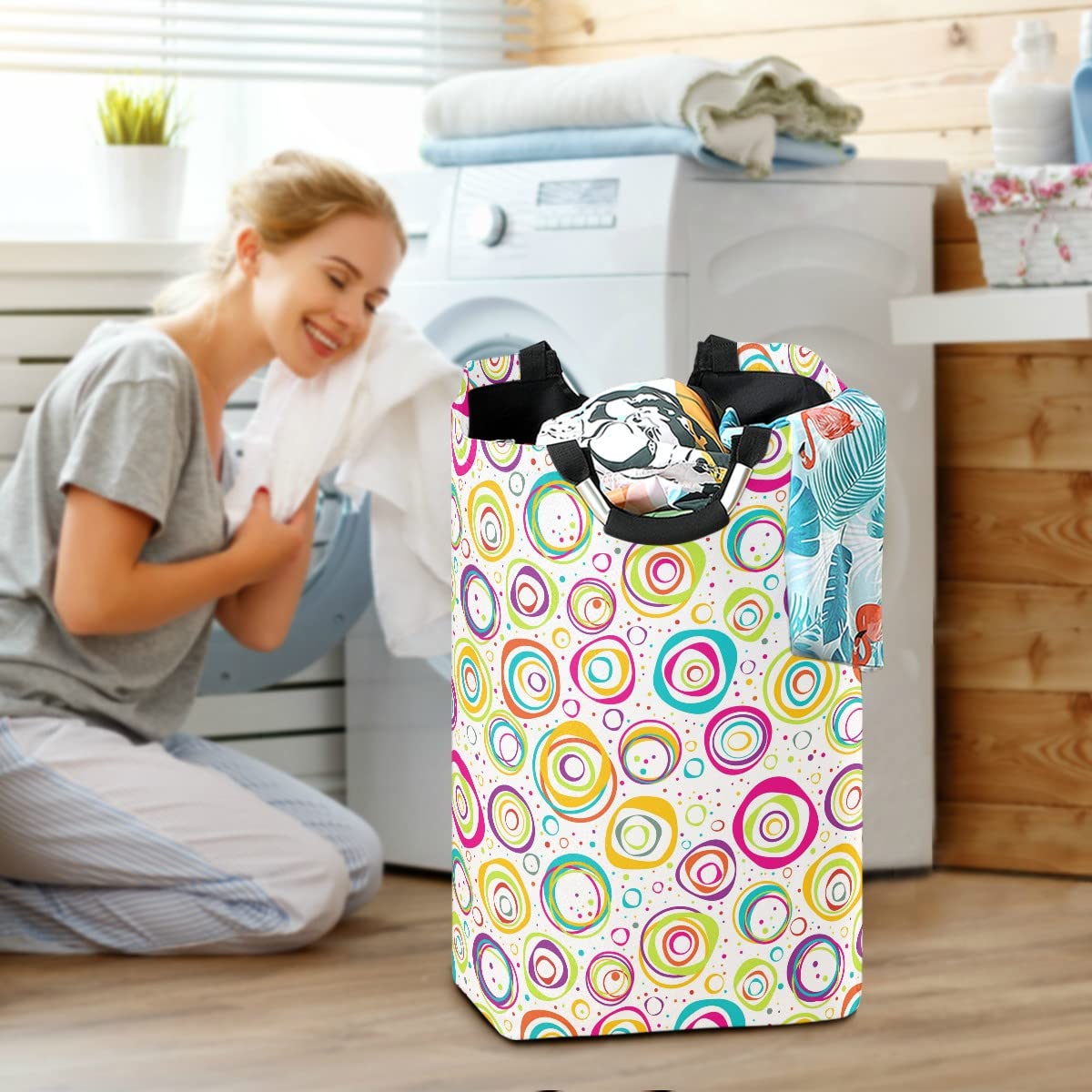 Foldable Collapsible Laundry Basket with Handles - Geometric Pattern Laundry Hamper for Bathroom Organization, Storage & Laundry Room Decor | Perfect for Dorm, Apartment & Travel Use