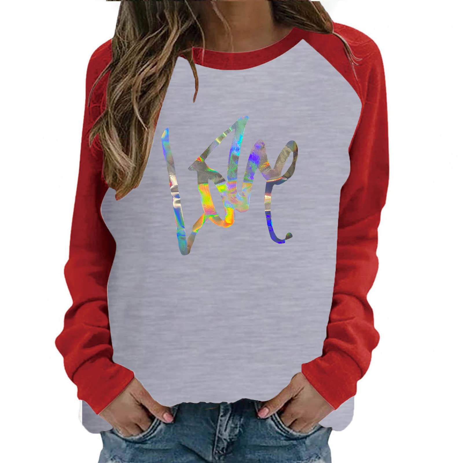 Women's Graphic Printed Sweatshirt - Raglan Sleeve Color Block Pullover Top | Casual Long Sleeve Shirt for Women | Perfect for Fall Outfits, Streetwear & Lounge Wear