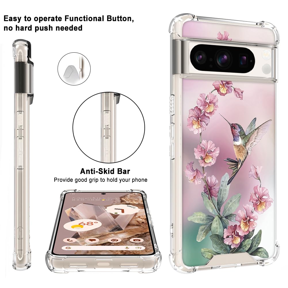 OOK Clear Case for Google Pixel 8 Pro - Pink Hummingbird Design, Flexible TPU Shockproof & Anti-Scratch Transparent Cover with Ring Kickstand | Perfect for Daily Protection, Work & Travel
