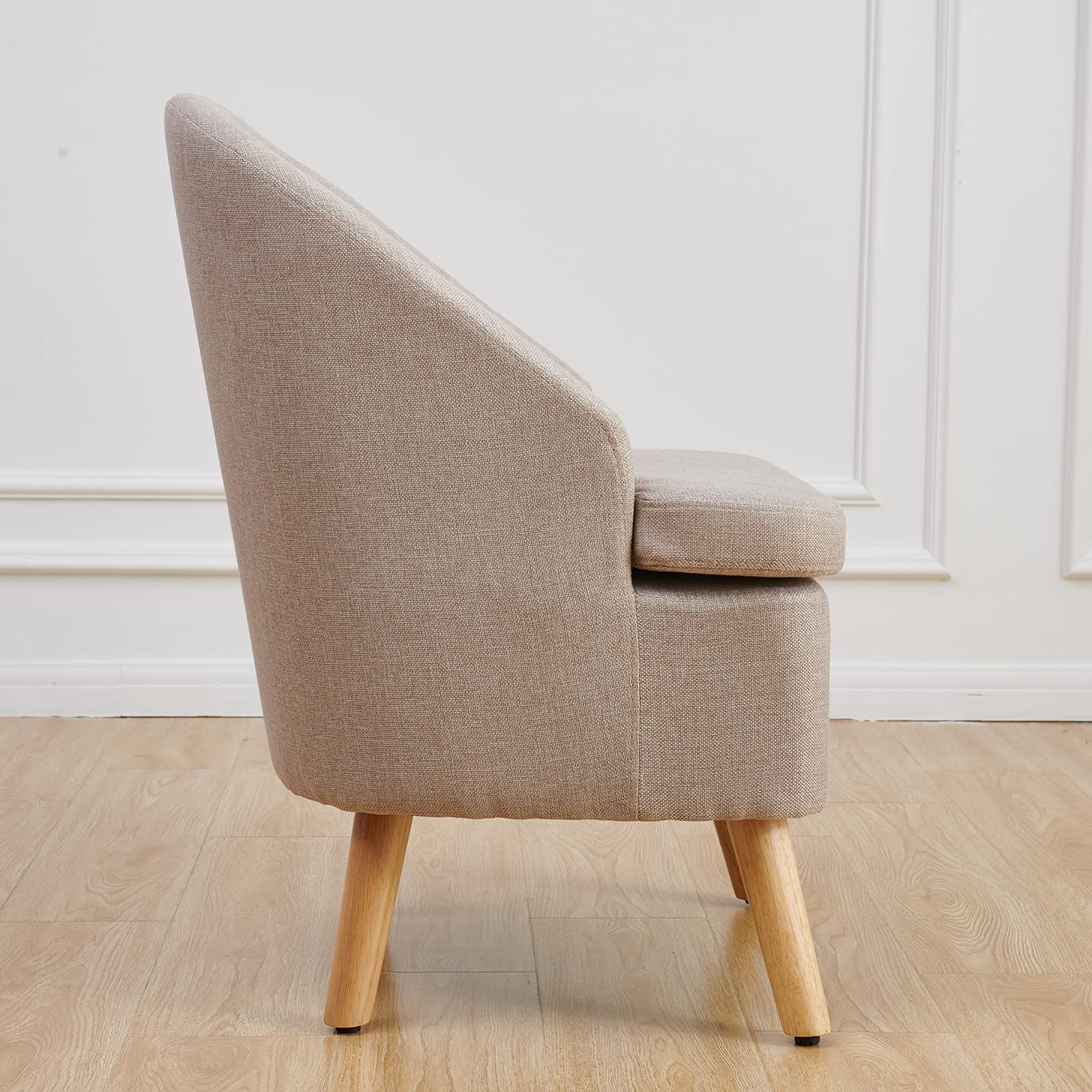 Stylish Beige Barrel Accent Chair with Upholstered Cotton Linen Fabric & Wooden Legs - Perfect Round Single Sofa for Living Room, Bedroom or Office Decor