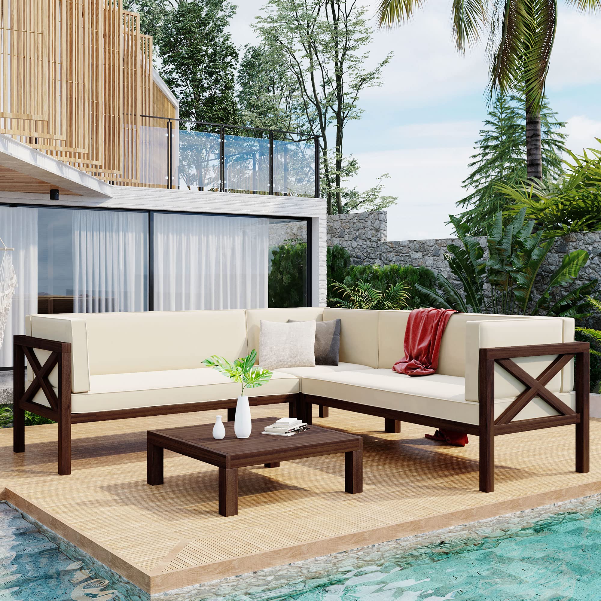 Outdoor Wood Patio Furniture Set - 4-Piece Sectional Seating Group with Cushions & Coffee Table, Dark Brown Finish & Beige Cushions - Perfect for Backyard, Garden, and Poolside Relaxation