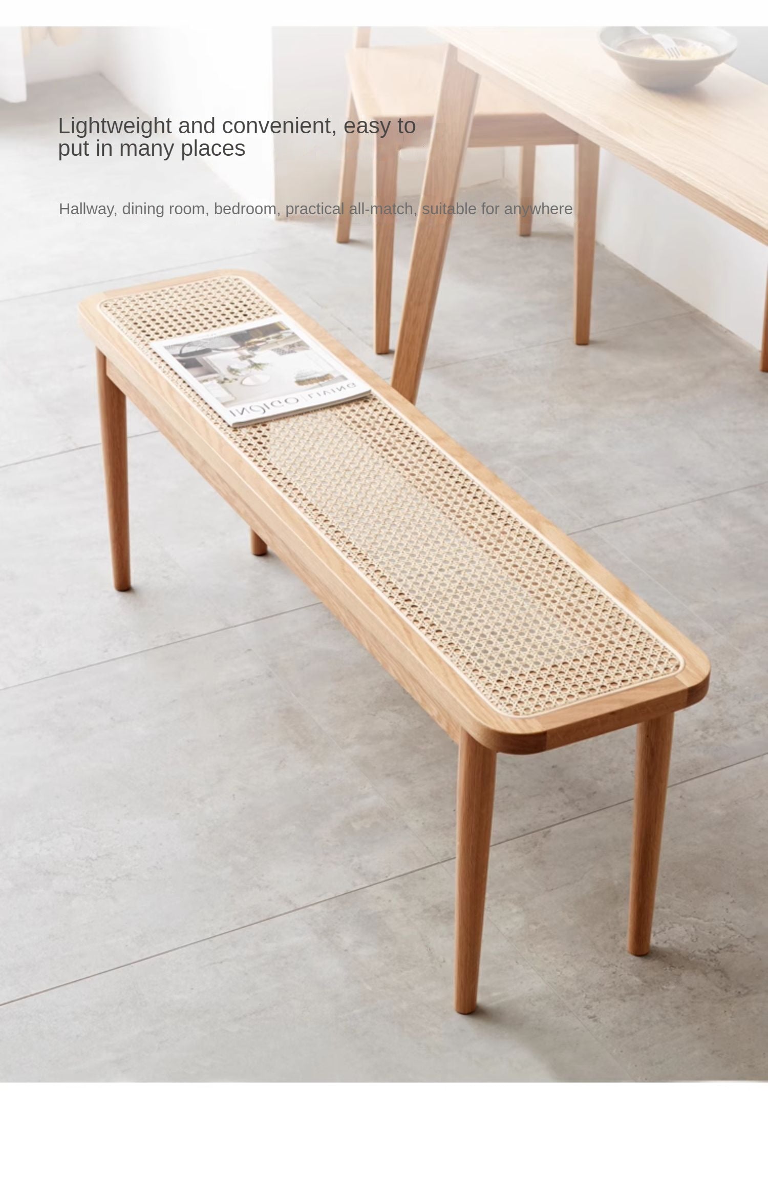 Solid Oak Wood Rattan Bench - Rustic Entryway, Patio, or Garden Seating - Handwoven Wicker Design for Indoor and Outdoor Use