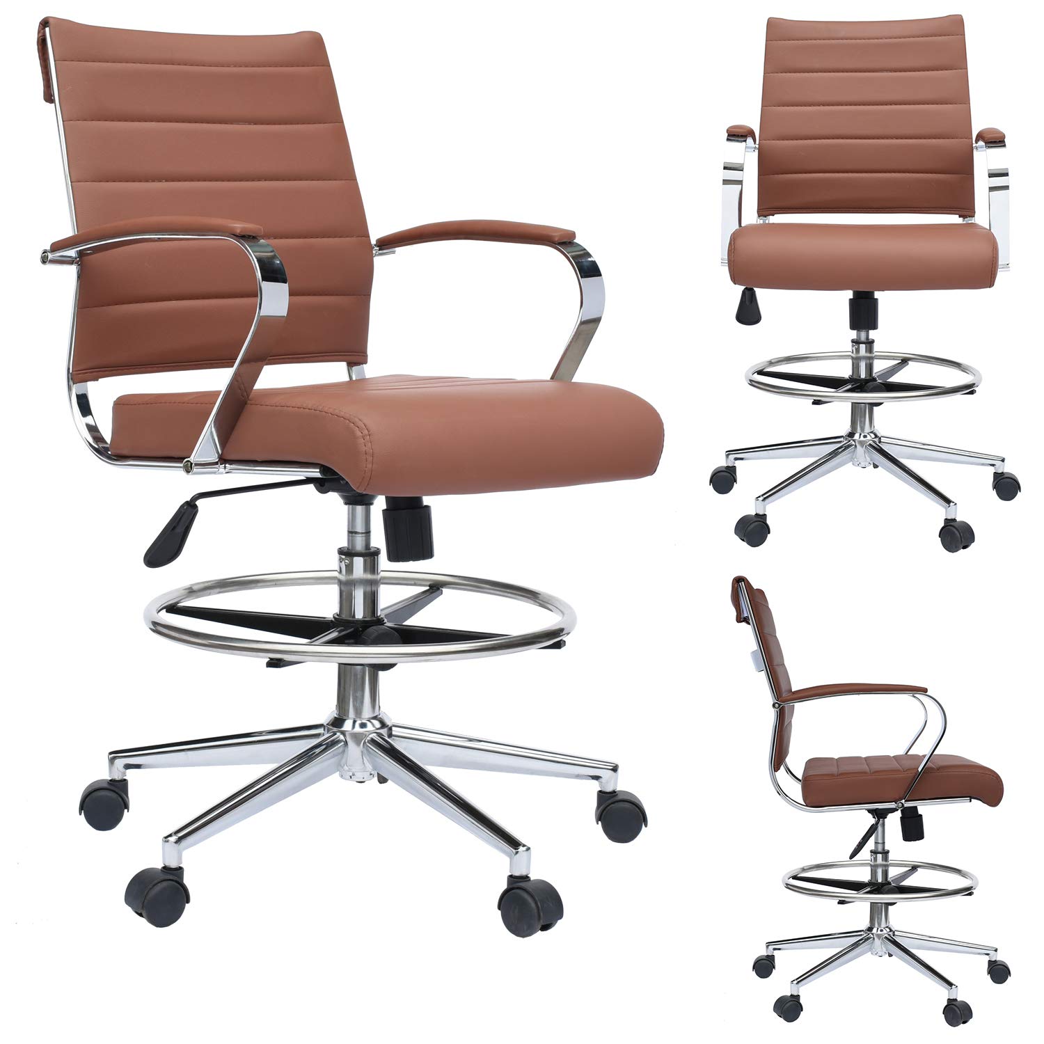 2xhome Modern Adjustable Ergonomic Office Chair - Designer Drafting Chair with Arms & Ribbed Back Support, Brown - Perfect for Home Office, Computer Work & Creative Workspaces