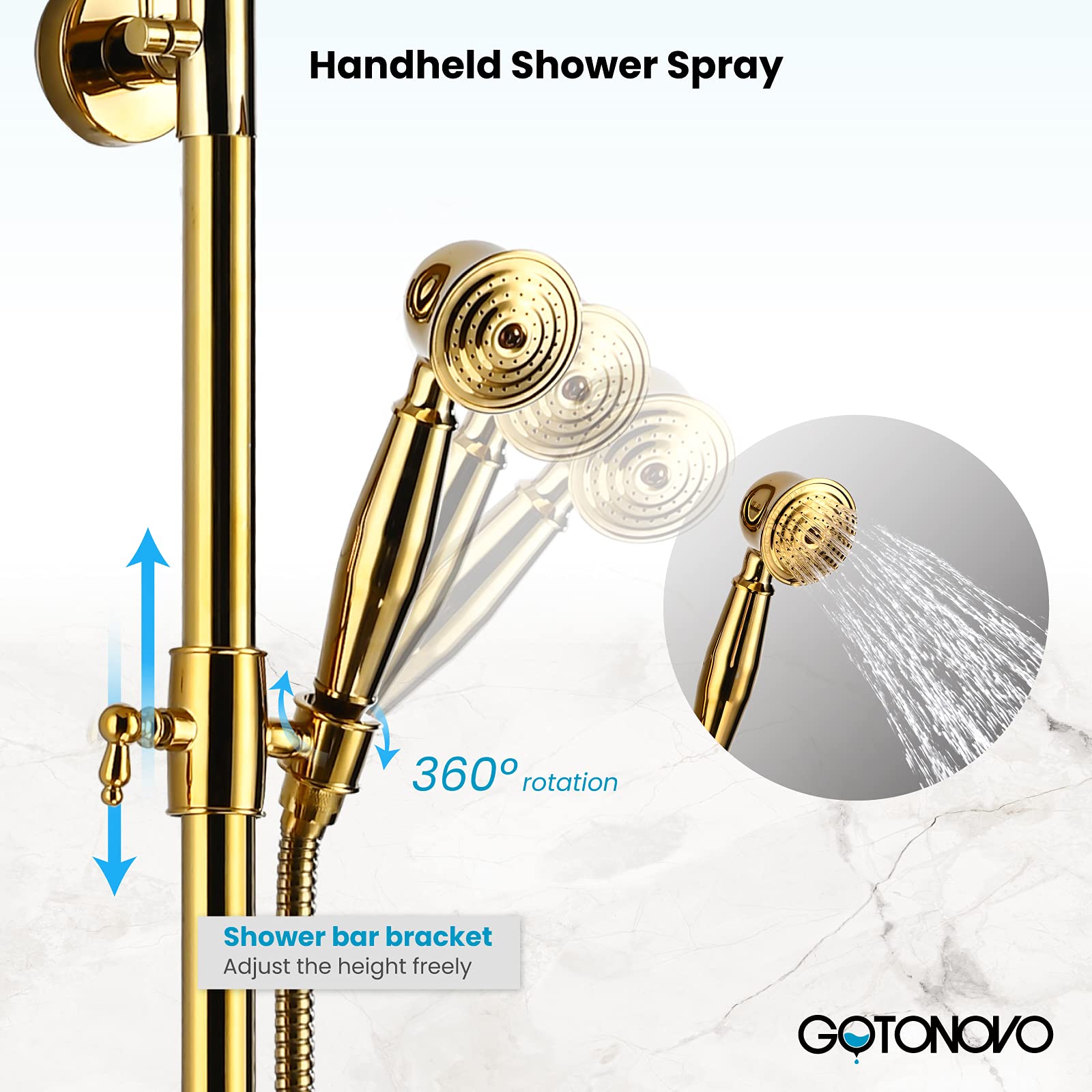 Gotonovo 8 Inch Round Rain Shower Head with Double Cross Handle & Tub Spout - Polished Gold Wall Mount Bathroom Faucet Mixer - 3 Function Metal Handheld Sprayer - Perfect for Modern Bathroom & Spa-Like Shower Experience