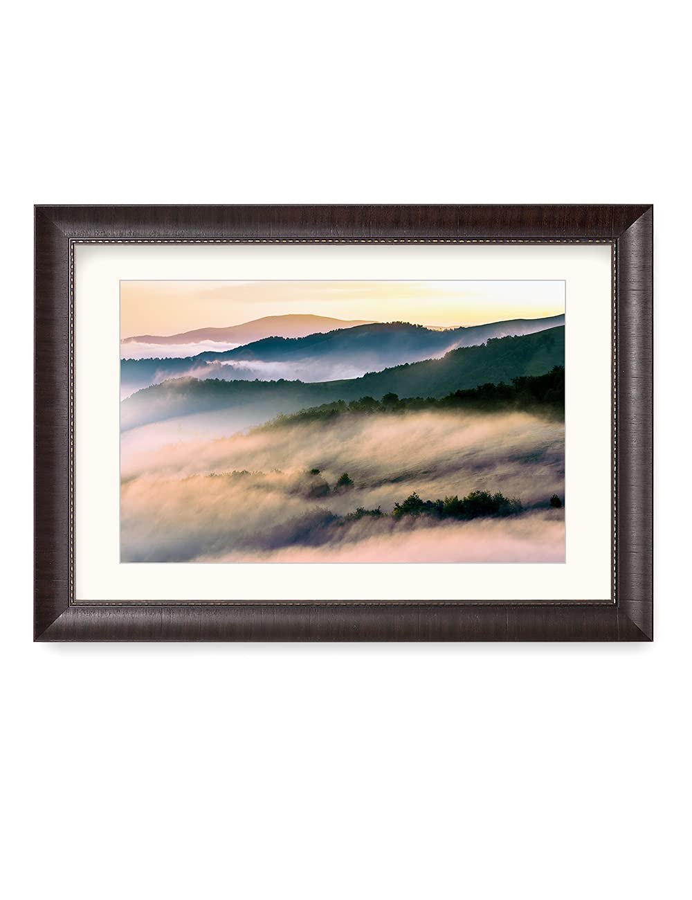 DecorArts - Mist Mountain Giclee Print on Premium Photo Paper with Classic Brown Frame, 34x24 Inches, Ready to Hang Wall Art for Living Room, Bedroom & Office Decor