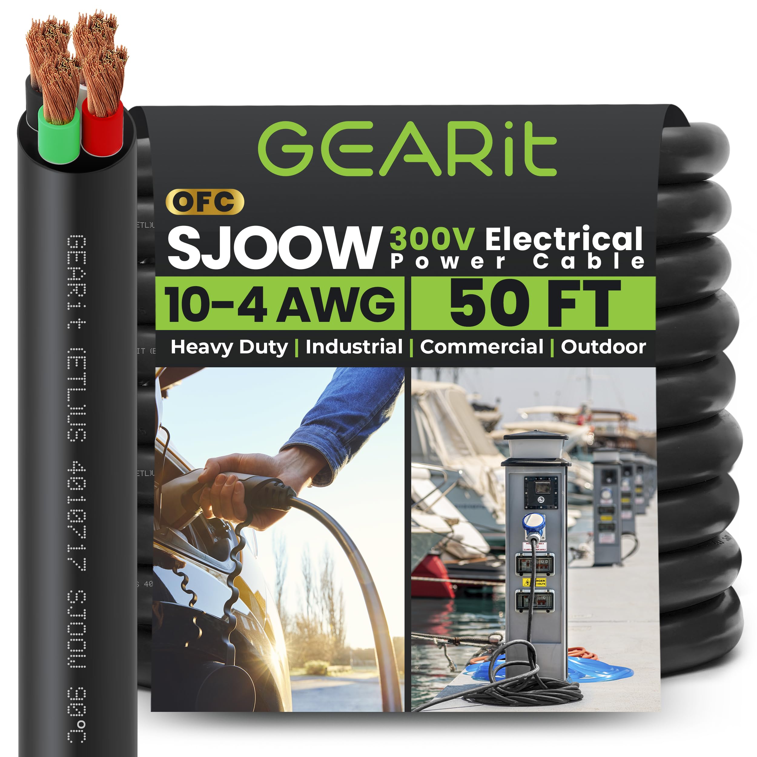 GearIT 10/4 10 AWG SJOOW 300V Portable Power Cable - 50 Feet 4 Conductor 10 Gauge Electric Wire for Motor Leads, Battery Chargers, Stage Lights - Heavy Duty Electrical Cord for Industrial, Construction and Outdoor Use