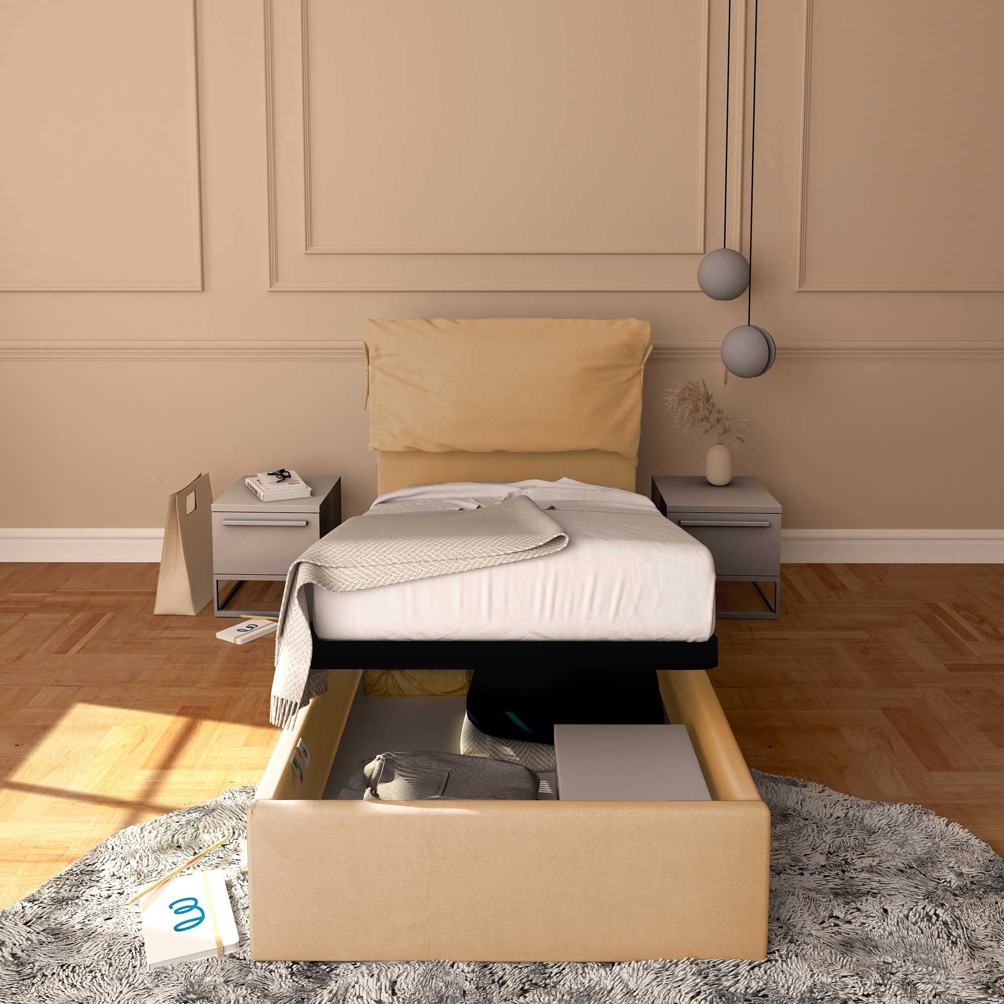 Baldiflex Single Bed with Storage - Licia Soft Synthetic Leather Upholstery, Slatted Base for Single Mattress, 90 x 190 cm, Padded Headboard, Beige Color | Perfect for Small Spaces, Guest Rooms & Studio Apartments