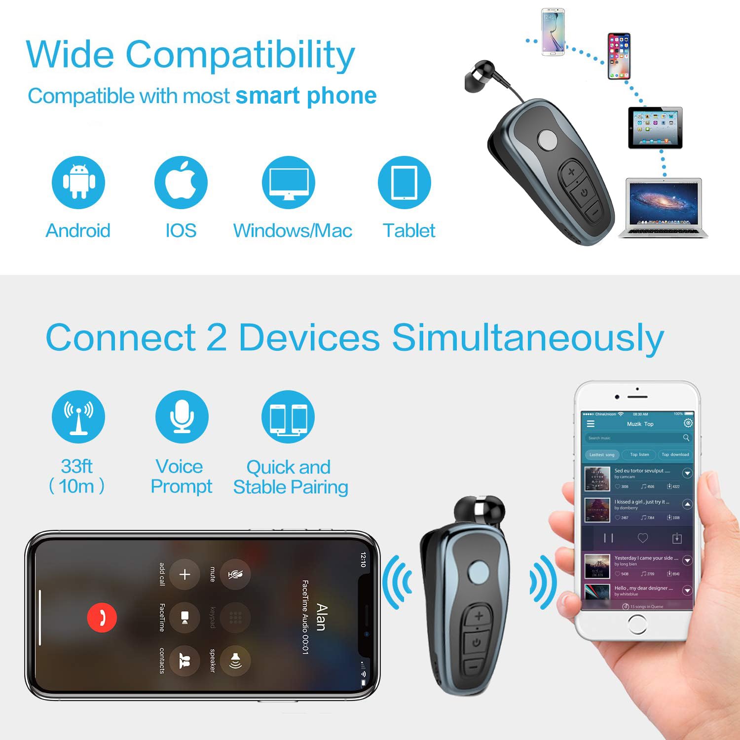 Retractable Wireless Bluetooth Headphones V5.0 - Lightweight Noise Cancelling Stereo Earphones with Mic for Sports, Running, Workout, Business & Driving | Compatible with iPhone & Android Phones | Perfect for Gym, Office, Commuting & Travel