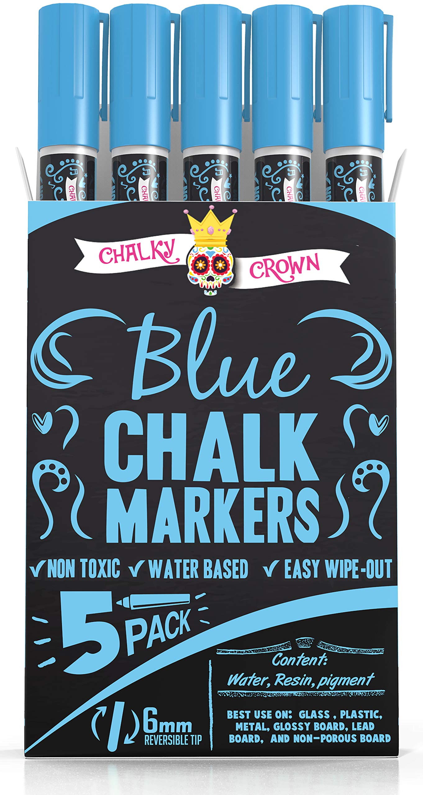 CHALKY CROWN Liquid Chalk Markers - 6mm Reversible Tip Dry Erase Markers for Chalkboard, Blackboard, Windows, Glass - Non-Toxic & Vibrant Colors (Blue, 5 Pack) - Perfect for Restaurants, Cafes, Retail Signs & DIY Home Decor