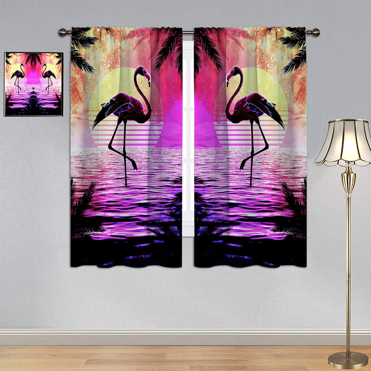 GY Flamingo Blackout Curtains - Sunrise Retro Flamingo Standing in Water Design, Waterproof Window Drapes for Bedroom (63x63 Inch) - Perfect for Nursery, Living Room & Coastal Themed Decor