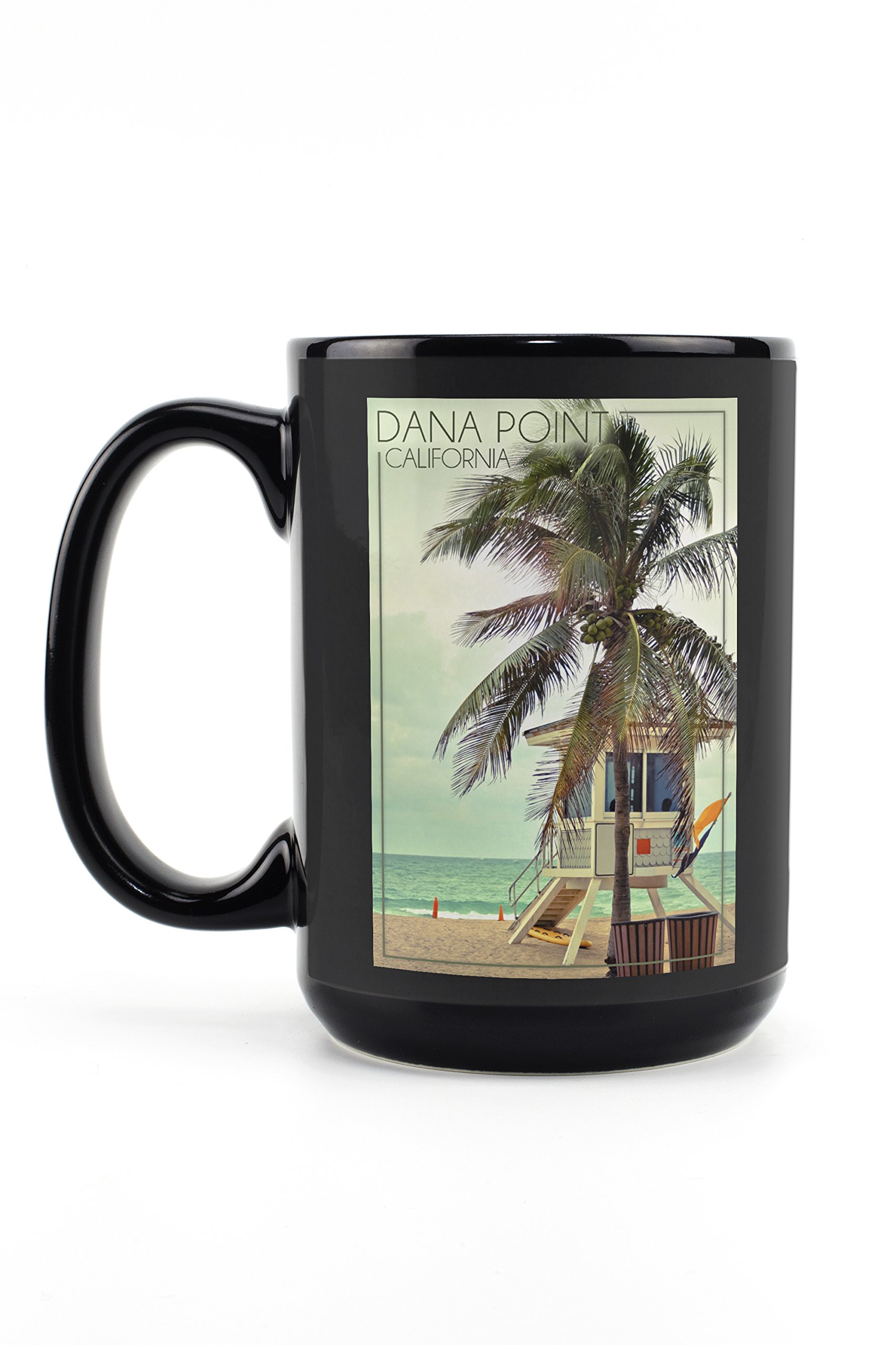 Lantern Press Dana Point California Lifeguard Shack & Palm 15oz Black Ceramic Coffee Mug - Microwave & Dishwasher Safe - Perfect for Home, Office & Beach Lovers