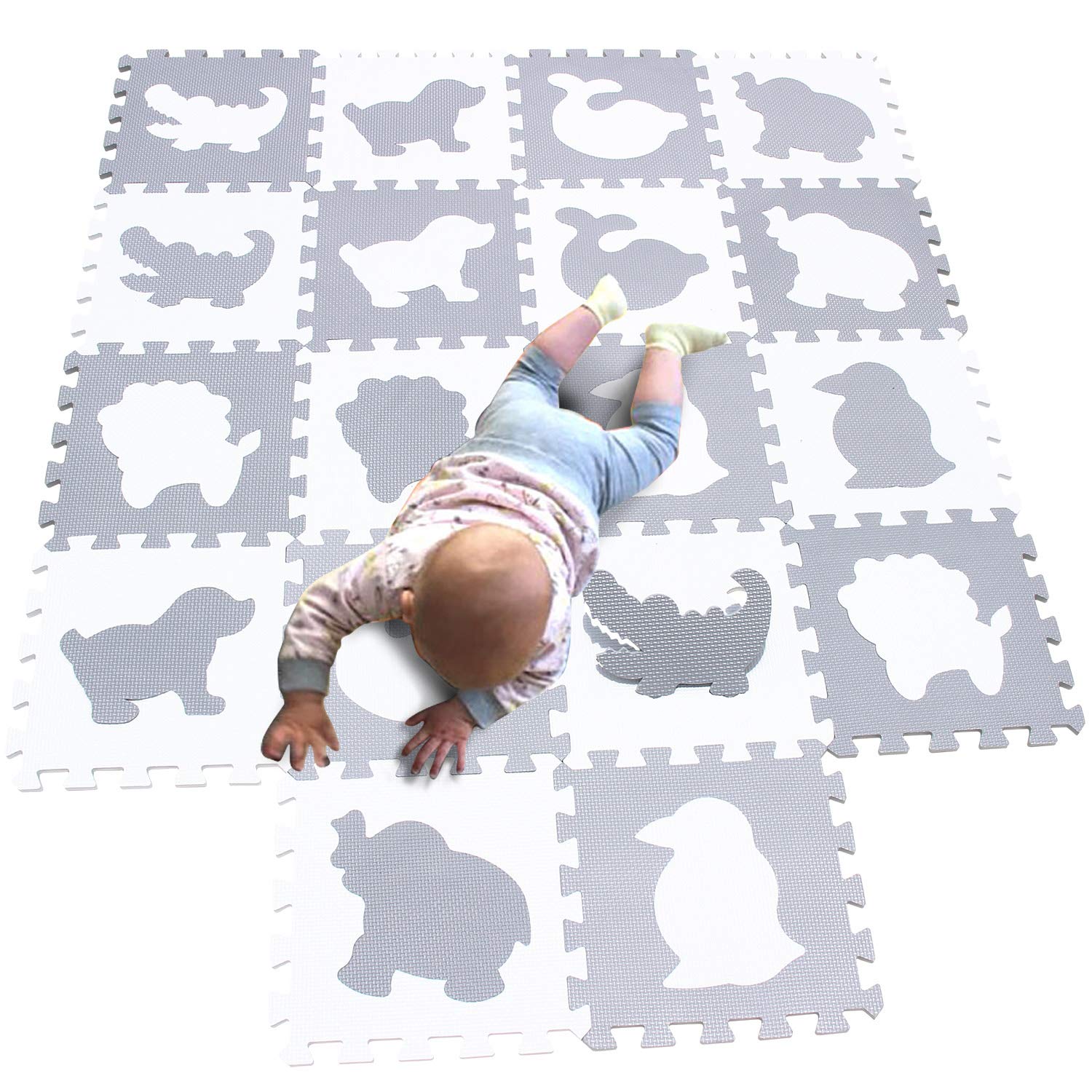 MQIAOHAM Kids Foam Play Mat - Non-Toxic Baby Floor Mats for Sensory Play, Soft Jigsaw Puzzle Tiles for Crawling & Learning - Grey & White Animal Design - Perfect for Nursery, Playroom & Daycare