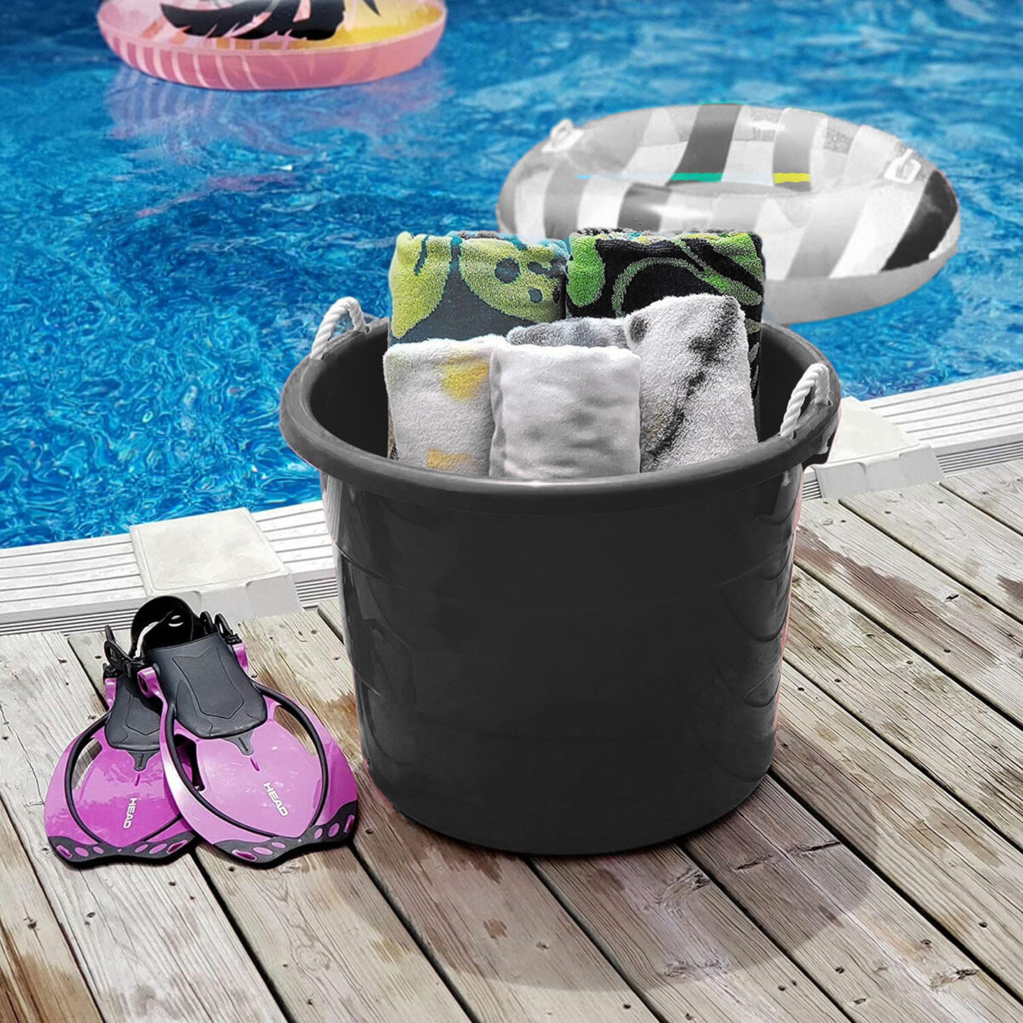HOMZ 6-Pack 18 Gallon Large Plastic Storage Buckets with Rope Handles - Heavy Duty Utility Tubs for Organizing, Cleaning, and Outdoor Use - Black