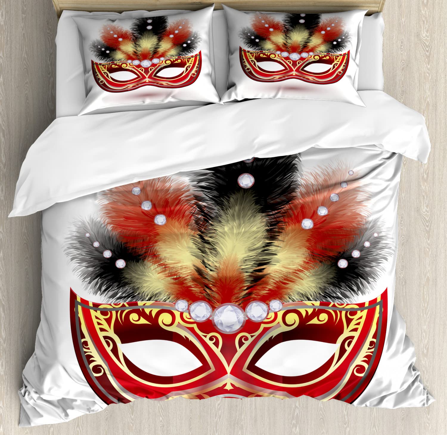 Ambesonne Masquerade Duvet Cover Set - King Size 2-Pack with Feather & Diamond Design in Yellow, Black & Red - Includes 2 Duvet Covers & 4 Pillowcases - Perfect for Themed Parties, Bedroom Decor & Luxury Hotel Style Bedding