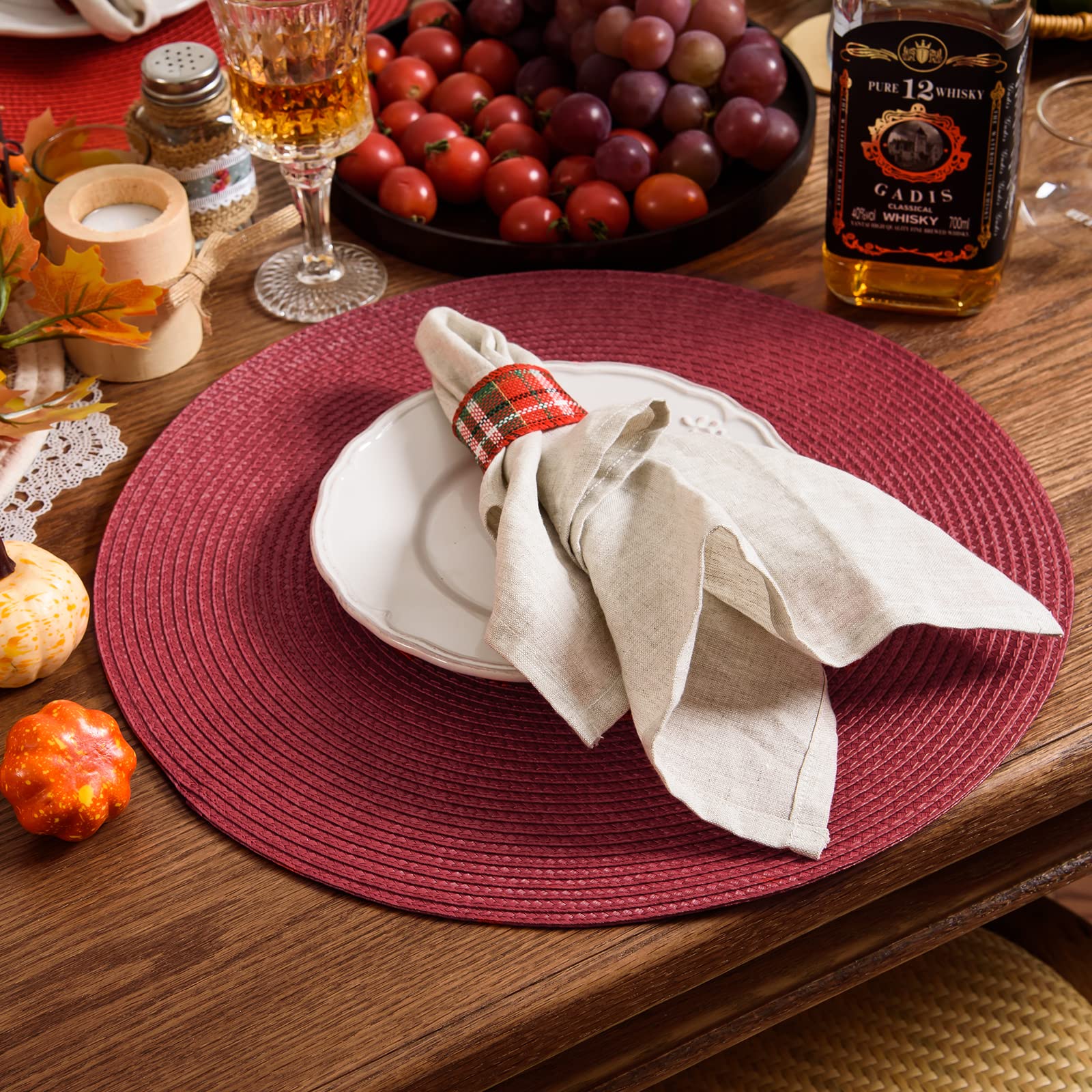 AHHFSMEI 15 Inch Round Braided Placemats Set of 6 - Natural Woven Heat Resistant Table Mats for Dining, Kitchen, and Outdoor Use (Burgundy Red)