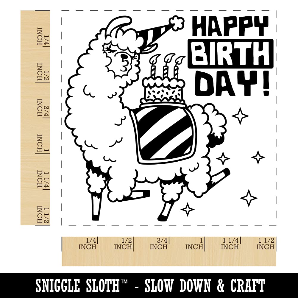 Happy Birthday Alpaca Self-Inking Rubber Stamp with Blue Ink - 1.5 Inch Large Stamp for Cards, Invitations, Scrapbooking & DIY Crafts