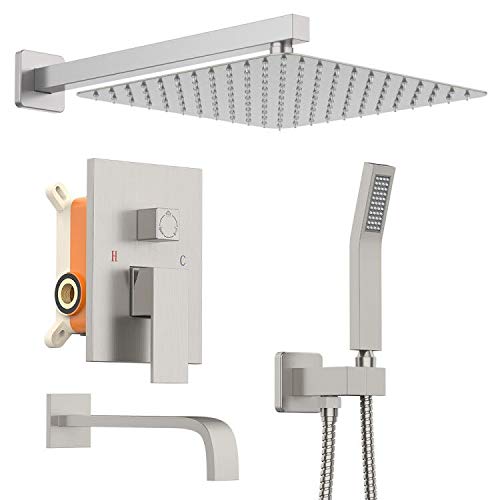 KOJOX 12 Inch High Pressure Rainfall Shower System Set - Brushed Nickel Shower Head with Handheld Spray, Bathtub Faucet & 3-Function Valve | Perfect for Luxury Bathroom Upgrade & Spa-Like Shower Experience