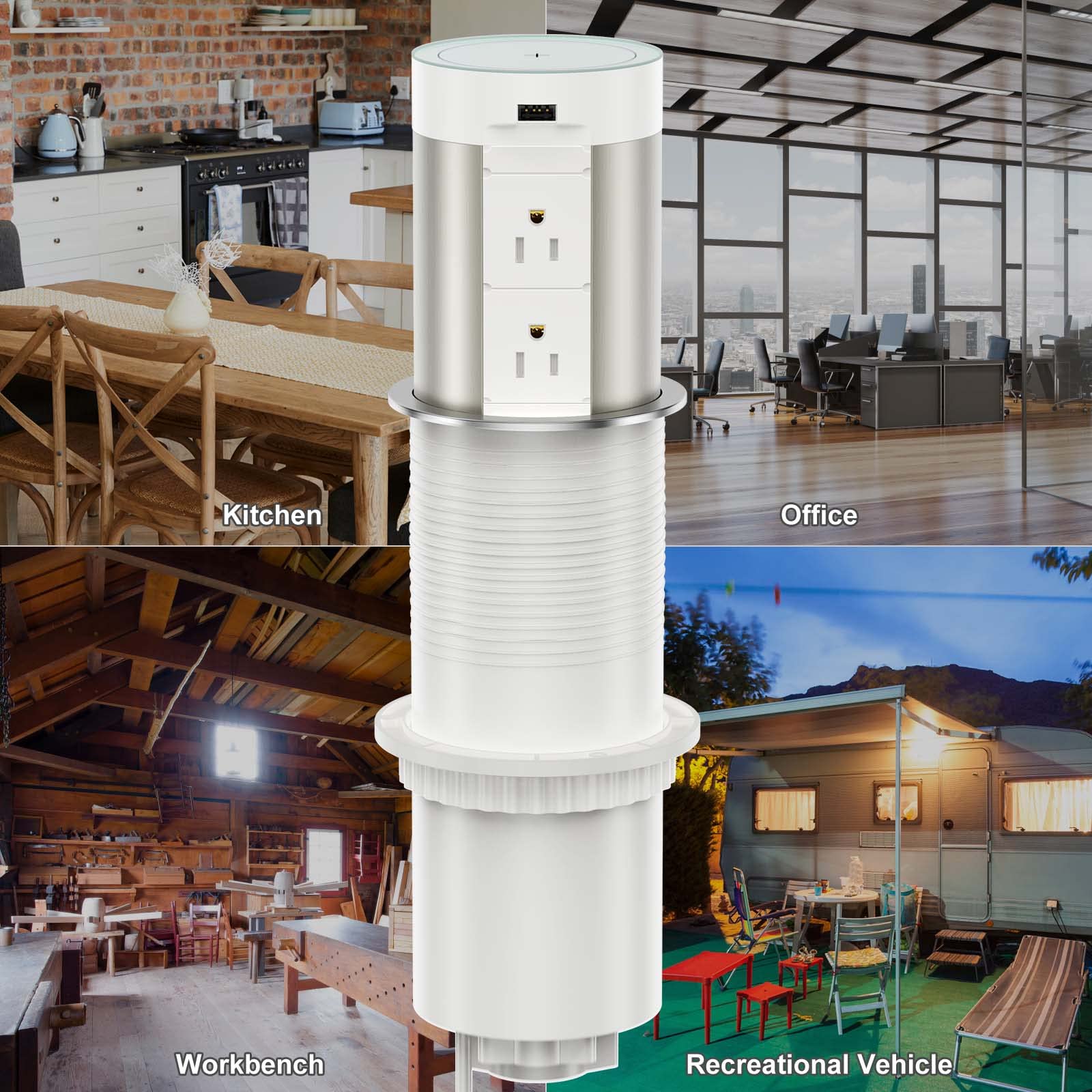 Pop Up Power Outlet with 5W Wireless Charger - 4 AC Outlets & 2 USB Ports - Hidden Countertop Charging Station for Kitchen, Office, Conference Room - ETL Certified - Perfect for Home, Workspace and Meeting Areas