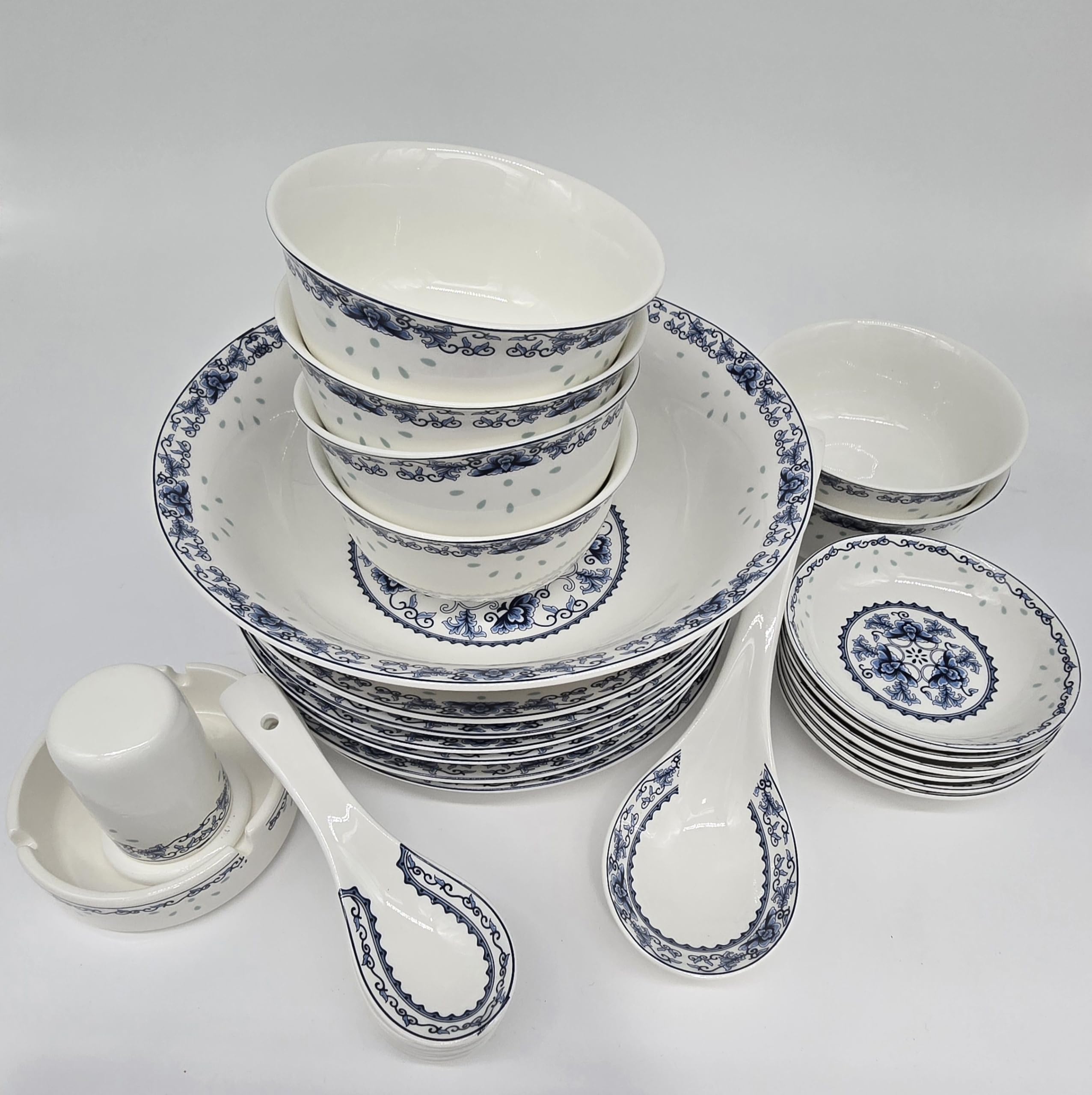 28-Piece Blue and White Bone China Dinnerware Set - Service for 6 with Rice Bowls - Handcrafted Jingdezhen Porcelain (Blue Lotus) - Elegant Tableware for Weddings, Restaurants & Special Occasions