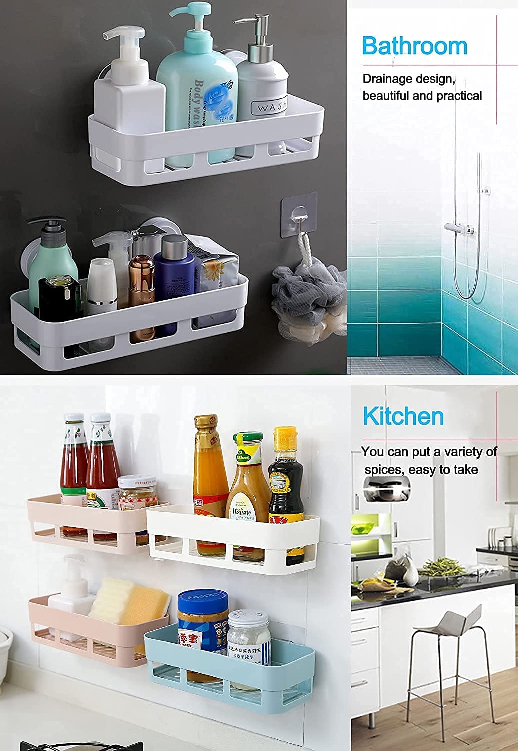 MorivaHomes Self-Adhesive Wall Mount Bathroom Shelf & Soap Dish Holder Set - Waterproof Bathroom Organizer for Shower, Kitchen, Vanity - White (2 Shelves + 2 Soap Dishes) - Perfect for Small Space Organization
