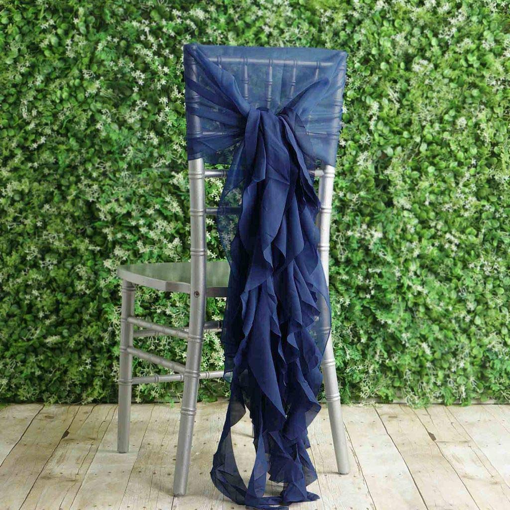 50 Navy Blue Premium Curly Chiffon Chair Covers with Sashes - Elegant Wedding, Party, Ceremony & Reception Decorations - Perfect for Banquet Halls, Bridal Showers and Special Events