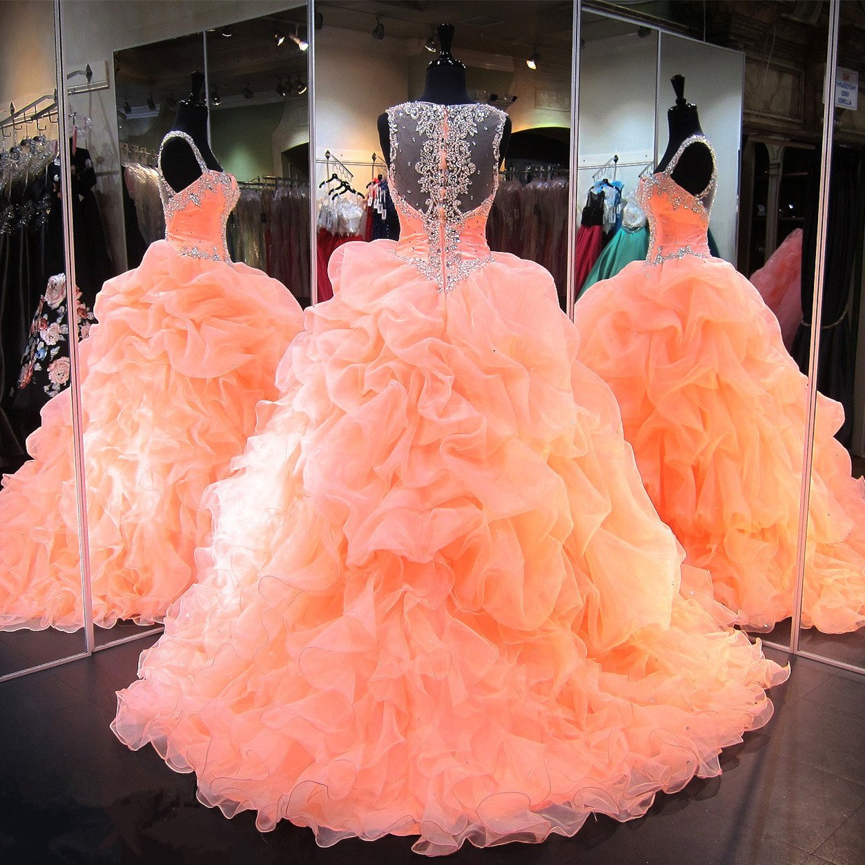 Elegant Coral Organza Ruffles Beaded Sweetheart Quinceanera Ball Gown Dress for Prom, Wedding & Special Occasions