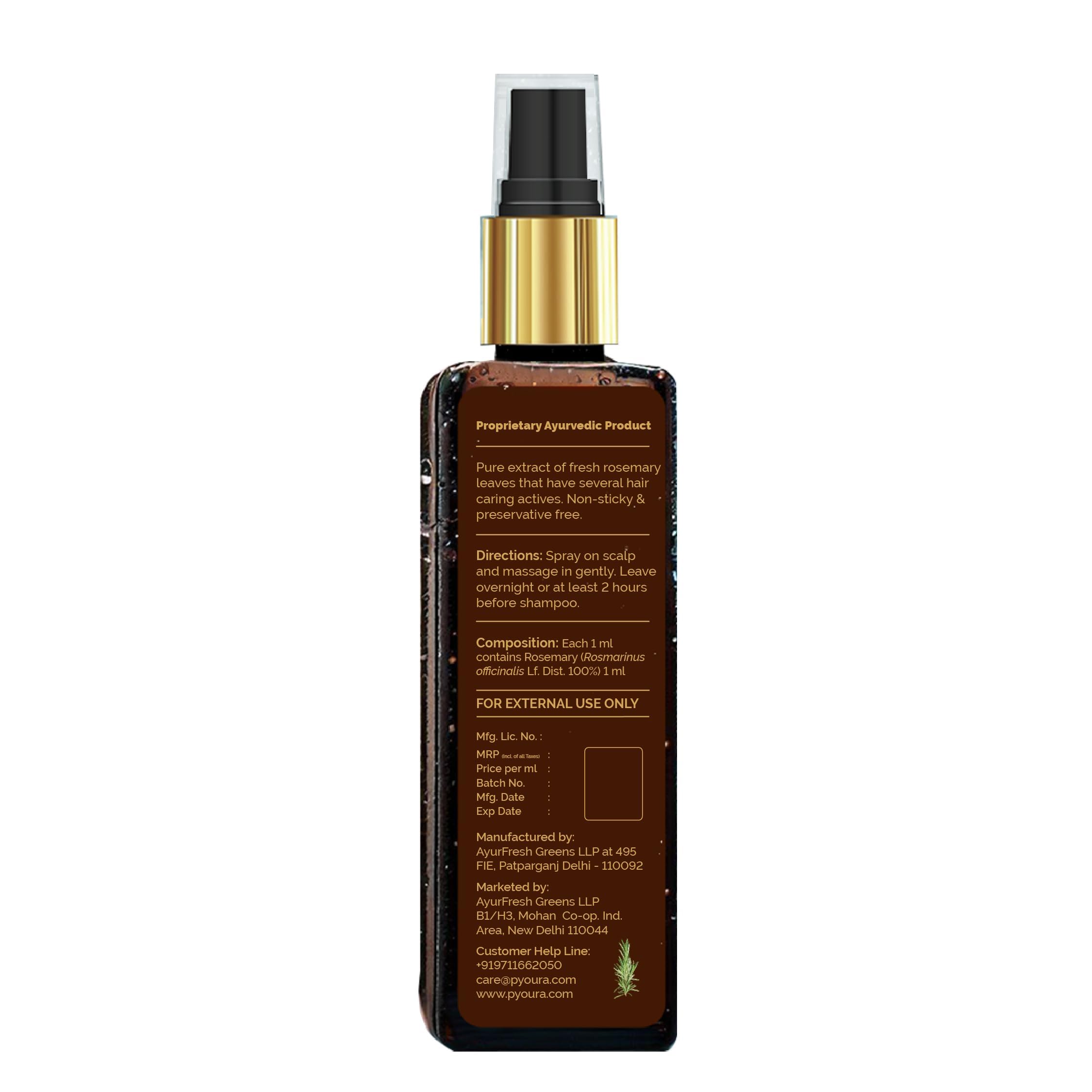 PYOURA Rosemary Water Hair Mist Spray 50ml - Natural Hair Growth Treatment for Hair Fall Control & Scalp Health | Heat Protection, Non-Oily Ayurvedic Serum with 100% Pure Rosemary Leaf Extract | Perfect for Daily Hair Care, Styling & Damaged Hair Repair