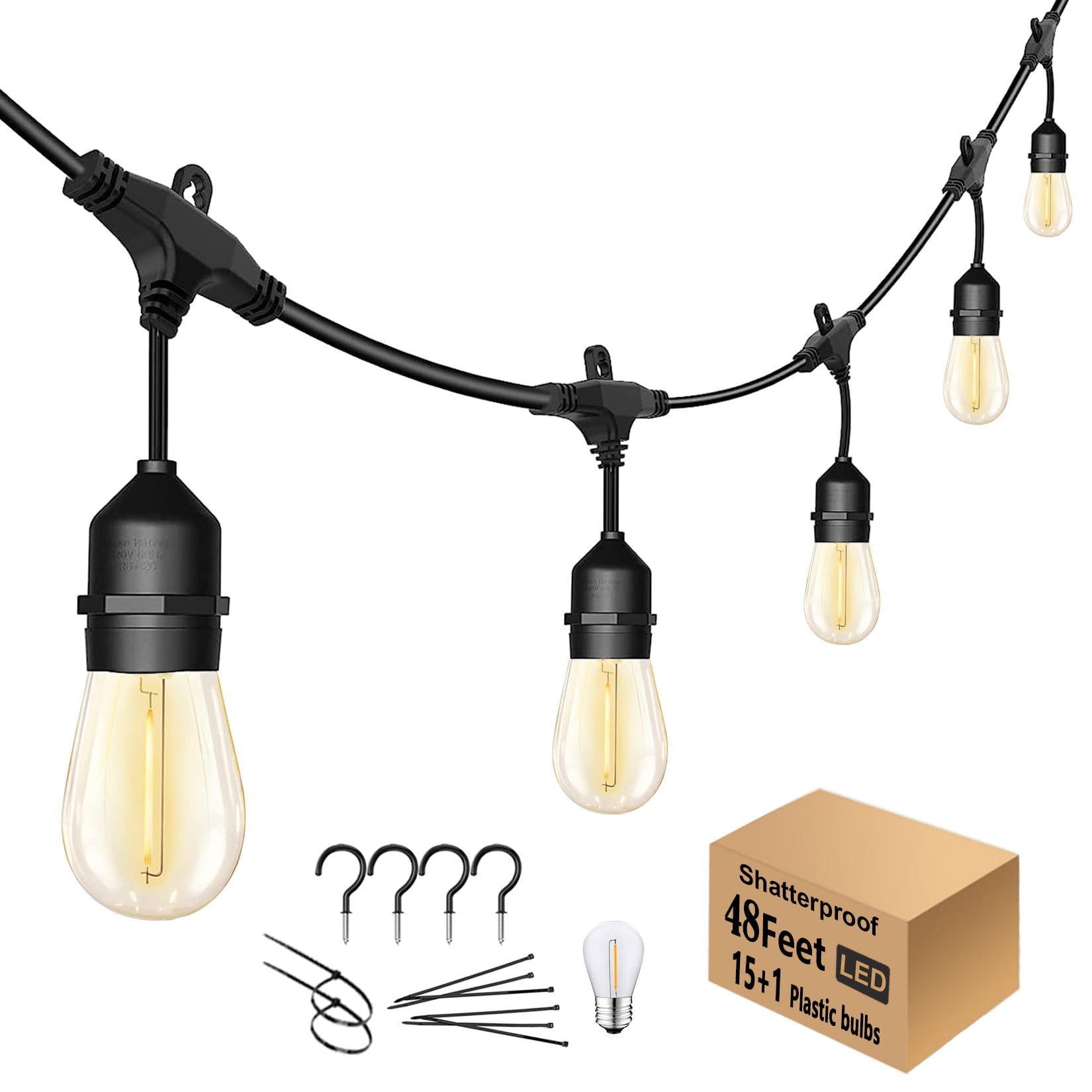 48FT Outdoor LED String Lights - Heavy-Duty Waterproof Patio Lights with 16 Shatterproof Plastic Bulbs (2200K Warm White) for Backyard, Garden, Gazebo, Pergola, Cafe, Bistro - Perfect for Outdoor Dining, Wedding Decor & Commercial Lighting