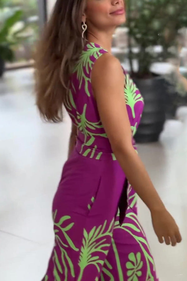 Stylish Printed V-Neck Sleeveless Waist Tie Jumpsuit for Women - Perfect for Summer Outfits, Beach Vacations & Casual Date Nights