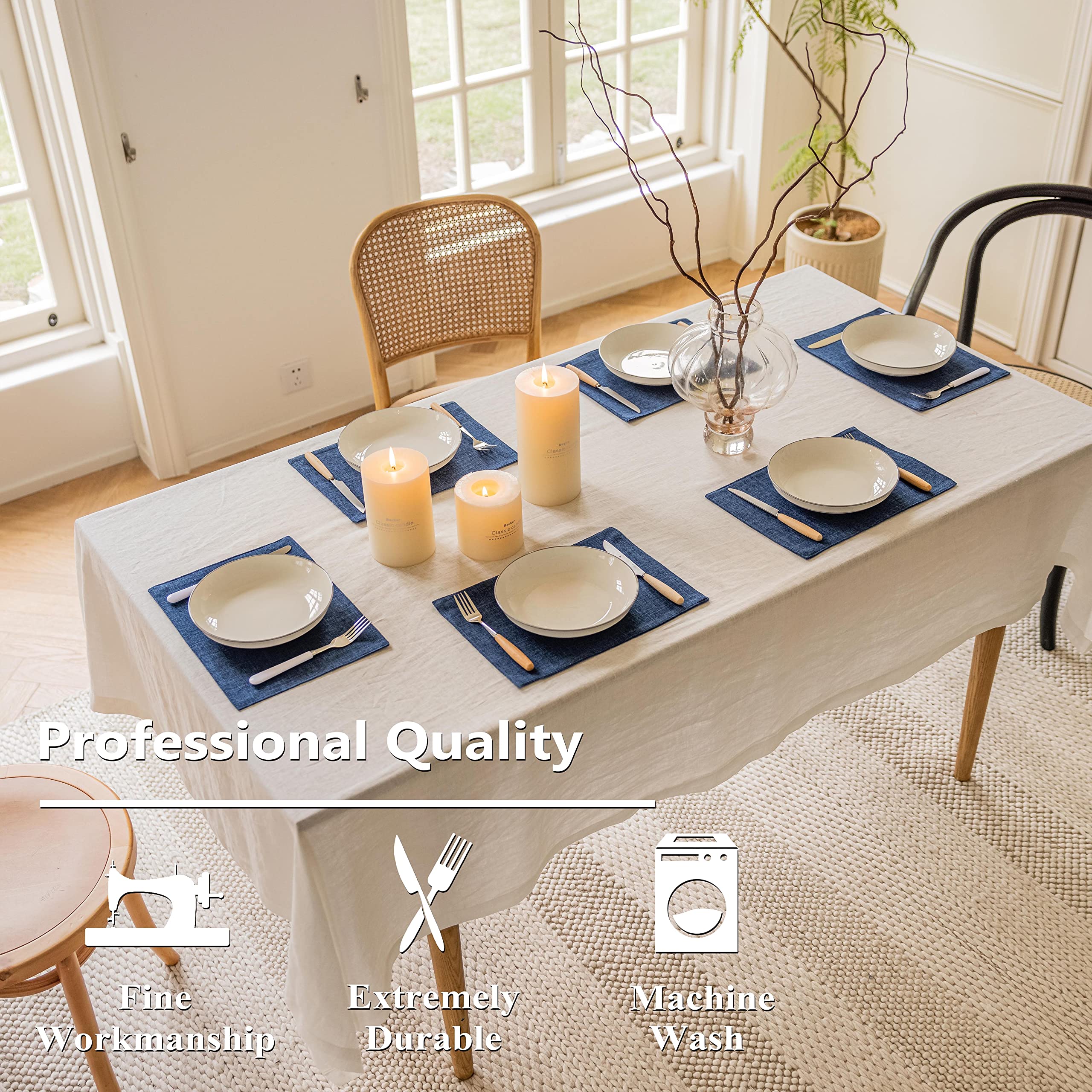 Premium Linen Placemats Set of 6 - Heat Resistant Blue Table Mats for Dining & Kitchen - Stylish Indigo Home Decor for Everyday Meals & Dinner Parties