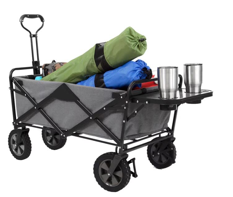 Foldable Utility Wagon with Removable Table & Cup Holders - Heavy Duty Collapsible Outdoor Cart for Camping, Beach, Picnic & Tailgating - Gray