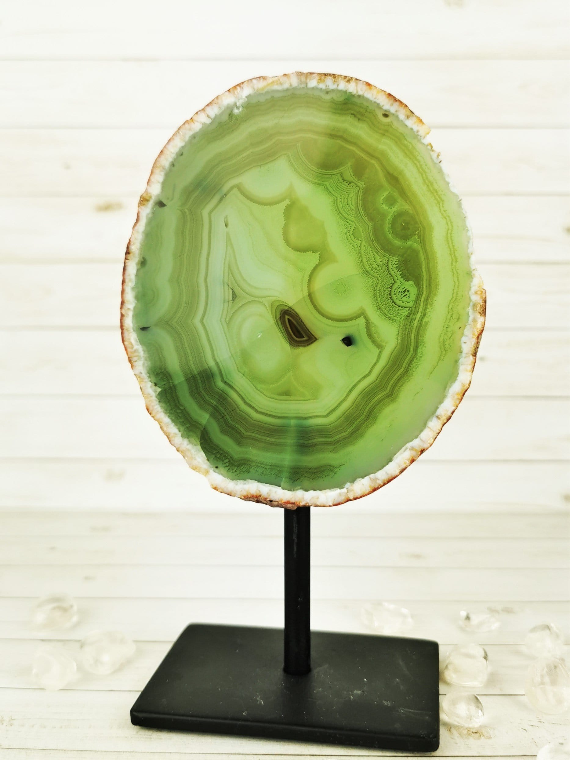 Natural Agate Crystal Specimens on Wooden Display Stands - Perfect for Home Decor, Office Feng Shui, and Mineral Collection Showcase