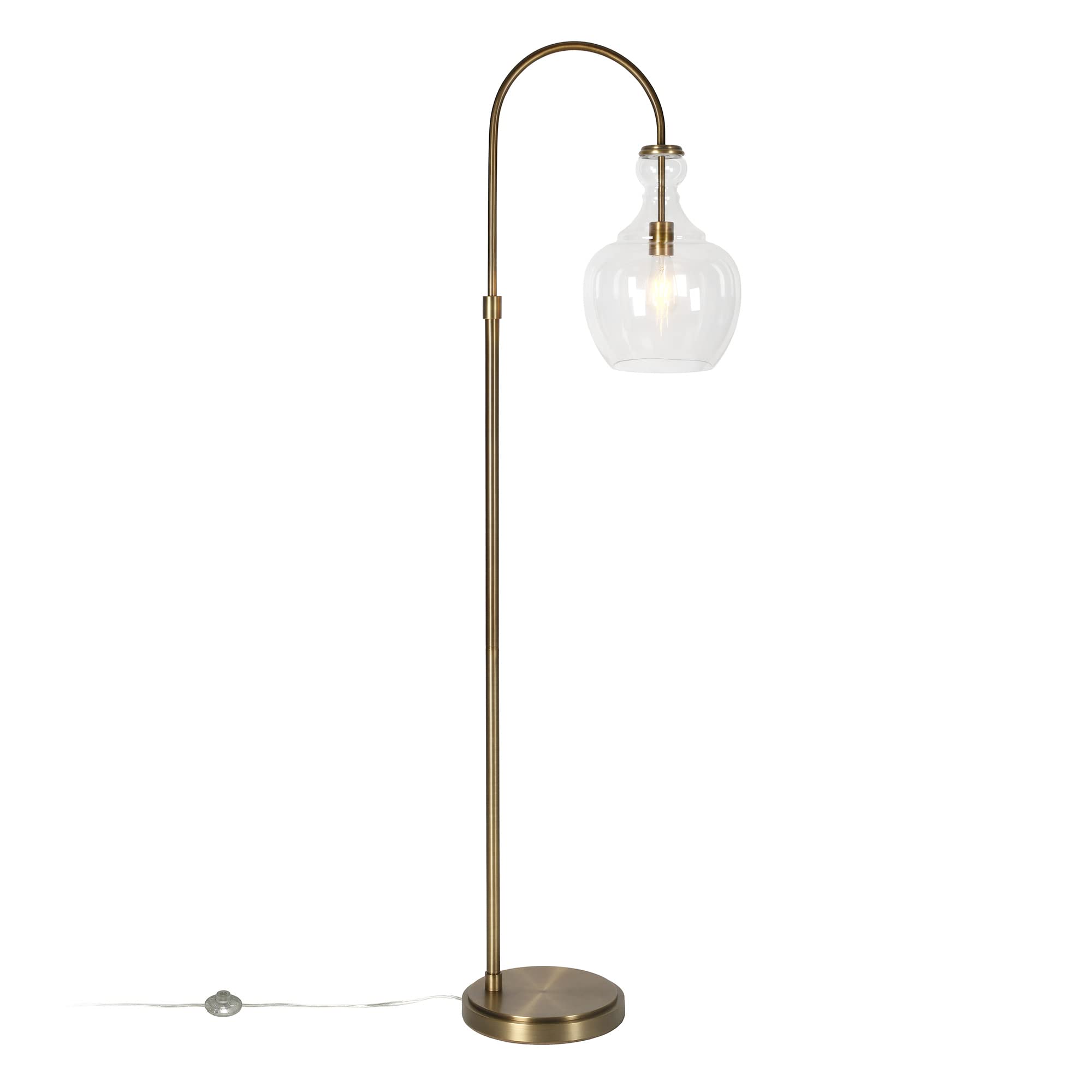 Henn&Hart Arc Floor Lamp with Glass Shade in Brass/Clear - Modern Adjustable Standing Light for Home Office, Bedroom & Living Room - Perfect for Reading, Working & Ambient Lighting