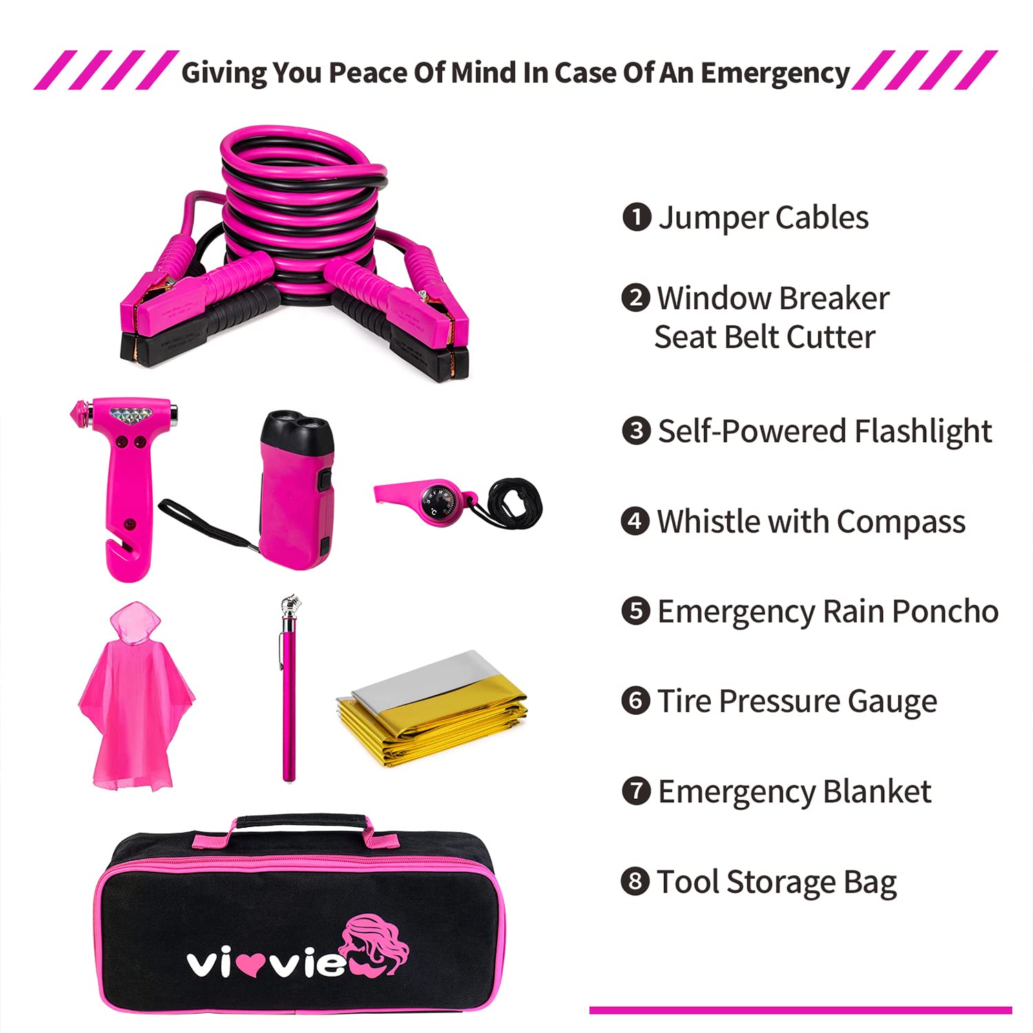 Pink Car Emergency Kit with Jumper Cables & Safety Hammer - Roadside Assistance Essentials for Women & Teen Girls | Perfect for Road Trips, Travel Safety & Vehicle Breakdowns