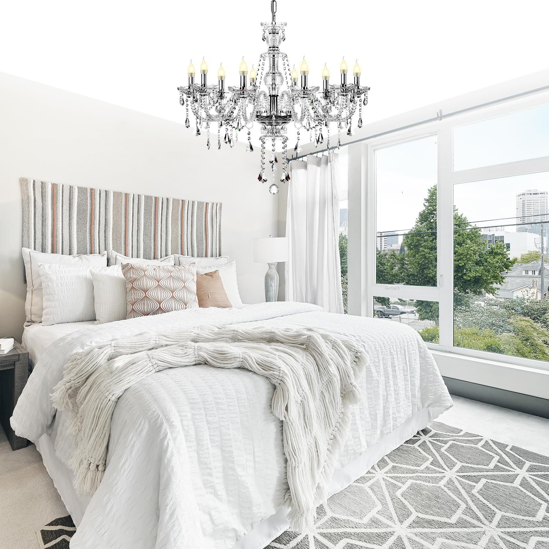 Ridgeyard 10-Light Modern Luxury K9 Crystal Chandelier - Clear Candle Pendant Ceiling Light Fixture for Dining Room, Bedroom, Hallway & Entryway - Elegant Home Decor Lighting for Weddings & Formal Events
