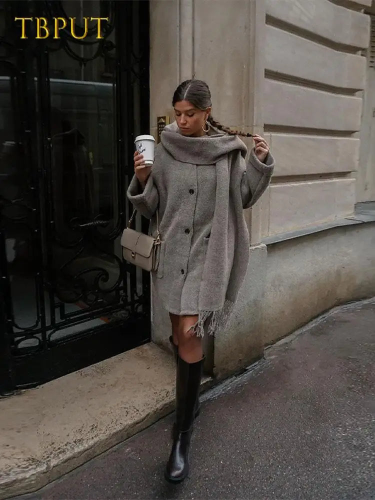 Elegant Women's Wool Coat with Scarf - Warm Winter Long Sleeve Loose Overcoat for Casual Streetwear & Office Outfits | Perfect for Fall, Winter & Holiday Season