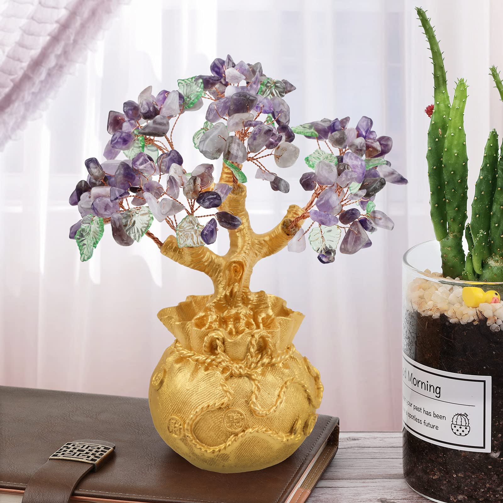 Amethyst Crystal Money Tree with Golden Money Bag Base - Feng Shui Wealth & Luck Bonsai Decor for Office, Home, Desk - Perfect for Meditation Spaces, Gift Giving & Positive Energy