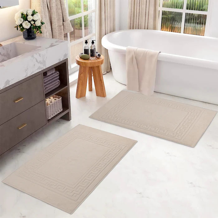 Premium Cotton 2-Piece Greek Key Border Bath Mat Set - Ultra Absorbent, Non-Slip Bathroom Rug - Perfect for Modern Bathrooms, Master Suites & Spa-Like Retreats