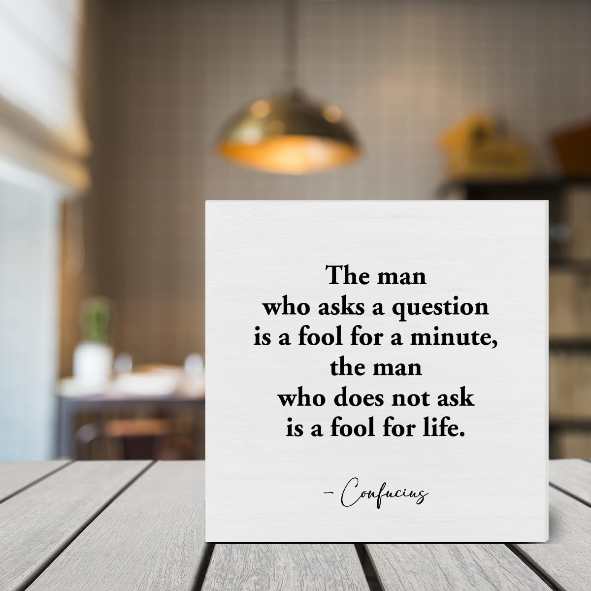 Funny Wooden Box Sign - 'The Man Who Asks a Question' - 5x5 Inch Farmhouse Desk Decor for Home Office, Table & Shelf | Perfect for Rustic Decor, Coworking Spaces & Gift Ideas