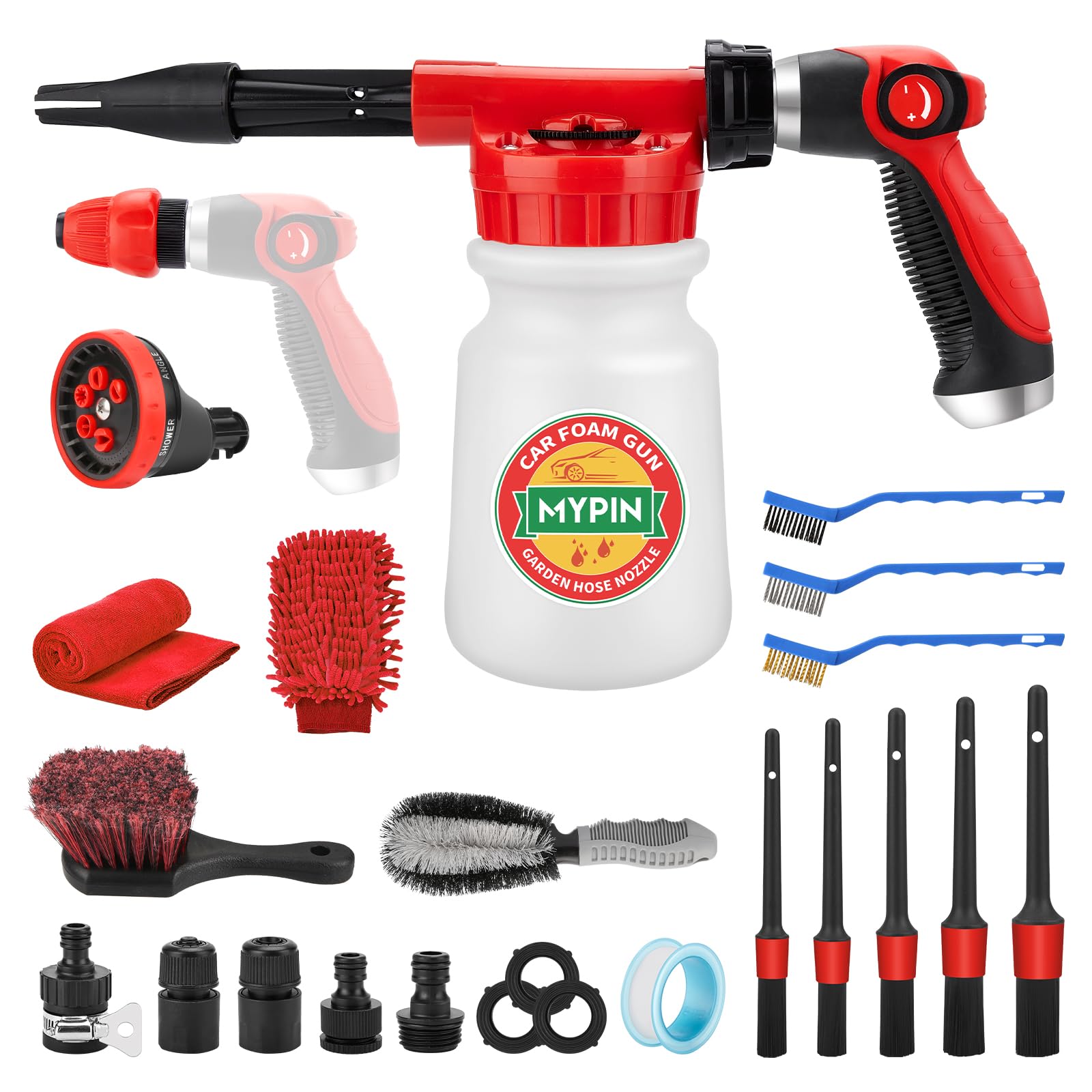 Premium Car Wash Foam Gun Kit - 22pc Foam Cannon with Adjustable 2.5-6 Ratio Dial, 1L Bottle, Nozzles & Wash Mitt - 1/2