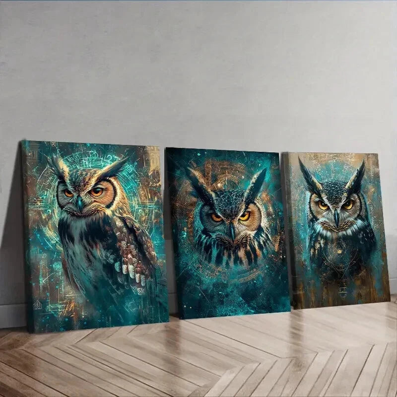 3-Piece Mysterious Owl Wall Art Set - Framed Canvas Prints 50x70cm (20x28 Inches) - High Quality Australian Made Home Decor - Perfect for Living Room, Bedroom & Office Wall Decoration