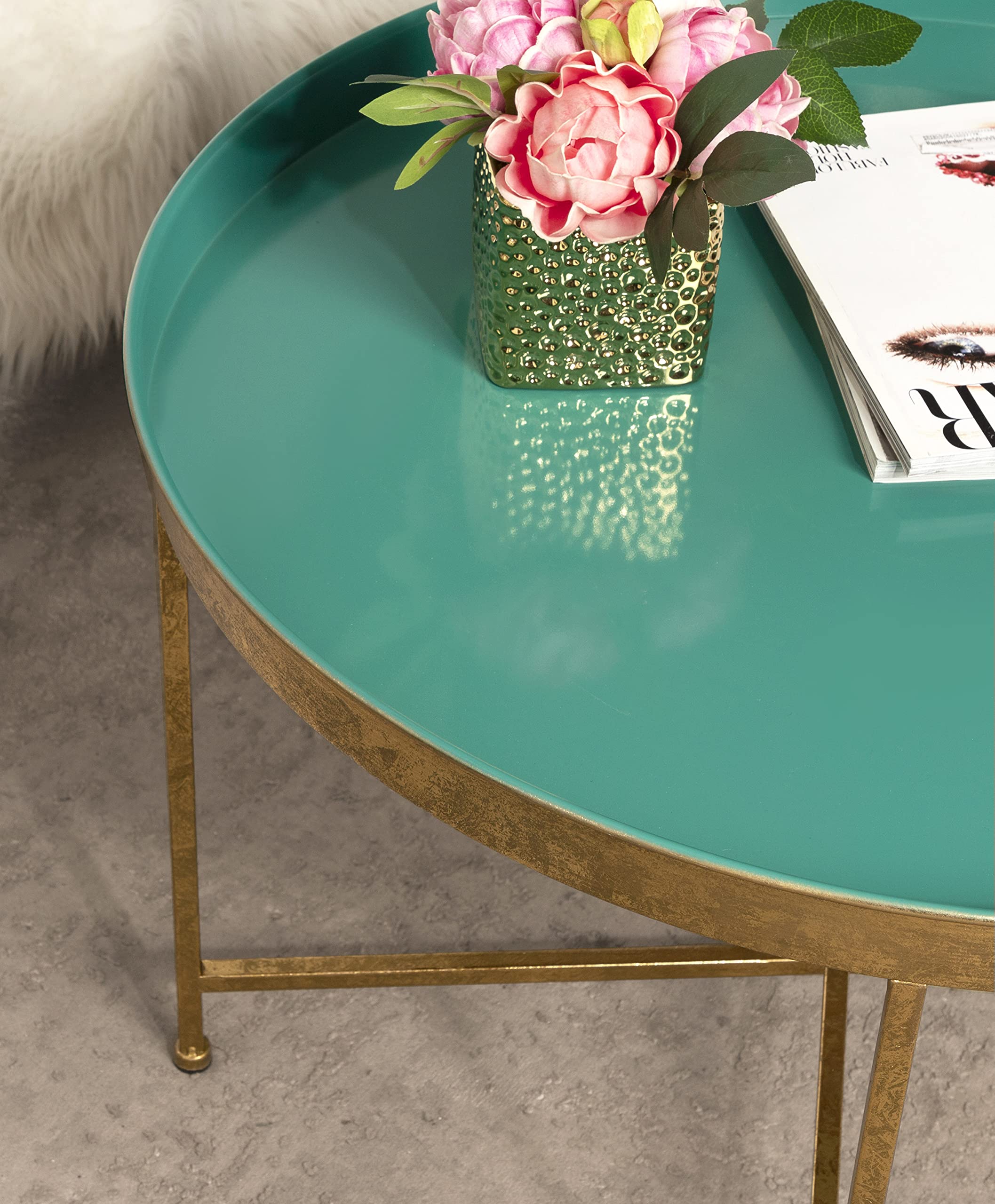 Kate and Laurel Celia Modern Coffee Table - 28 x 28 x 19 Inches, Teal and Gold Glamorous Folding Metal Table with Storage Shelf | Perfect for Living Room, Lounge & Small Space Decor